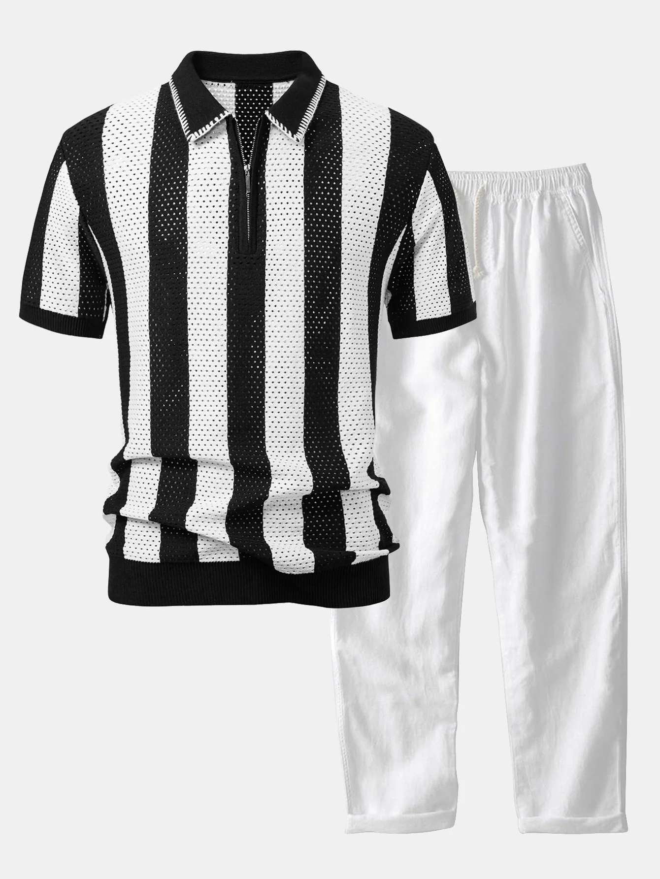 Gestreiftes Eyelet-Strick-Zip-Up Poloshirts-Shirt & Leinenhose mit geradem Bein - Image 4