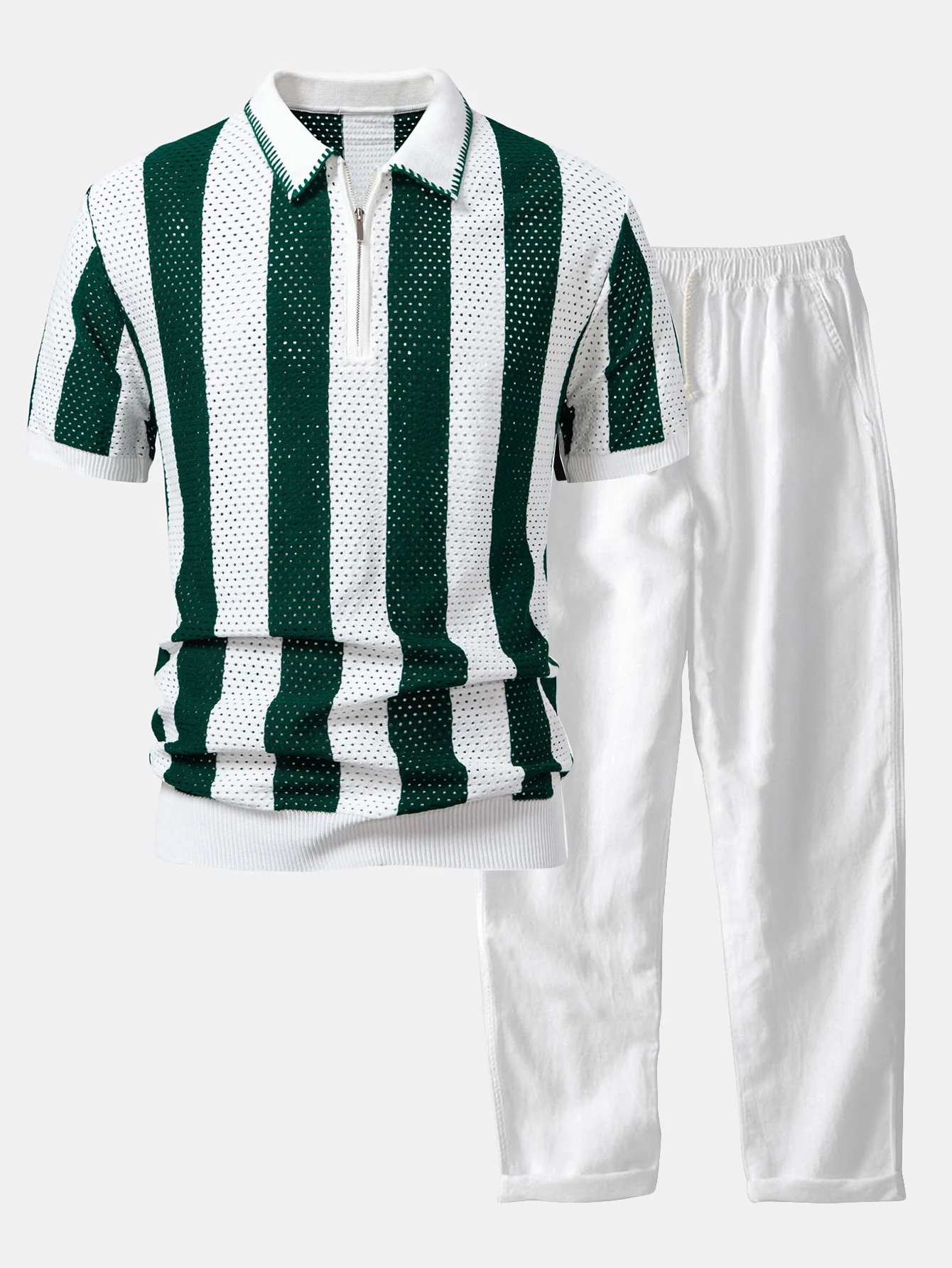 Gestreiftes Eyelet-Strick-Zip-Up Poloshirts-Shirt & Leinenhose mit geradem Bein - Image 5