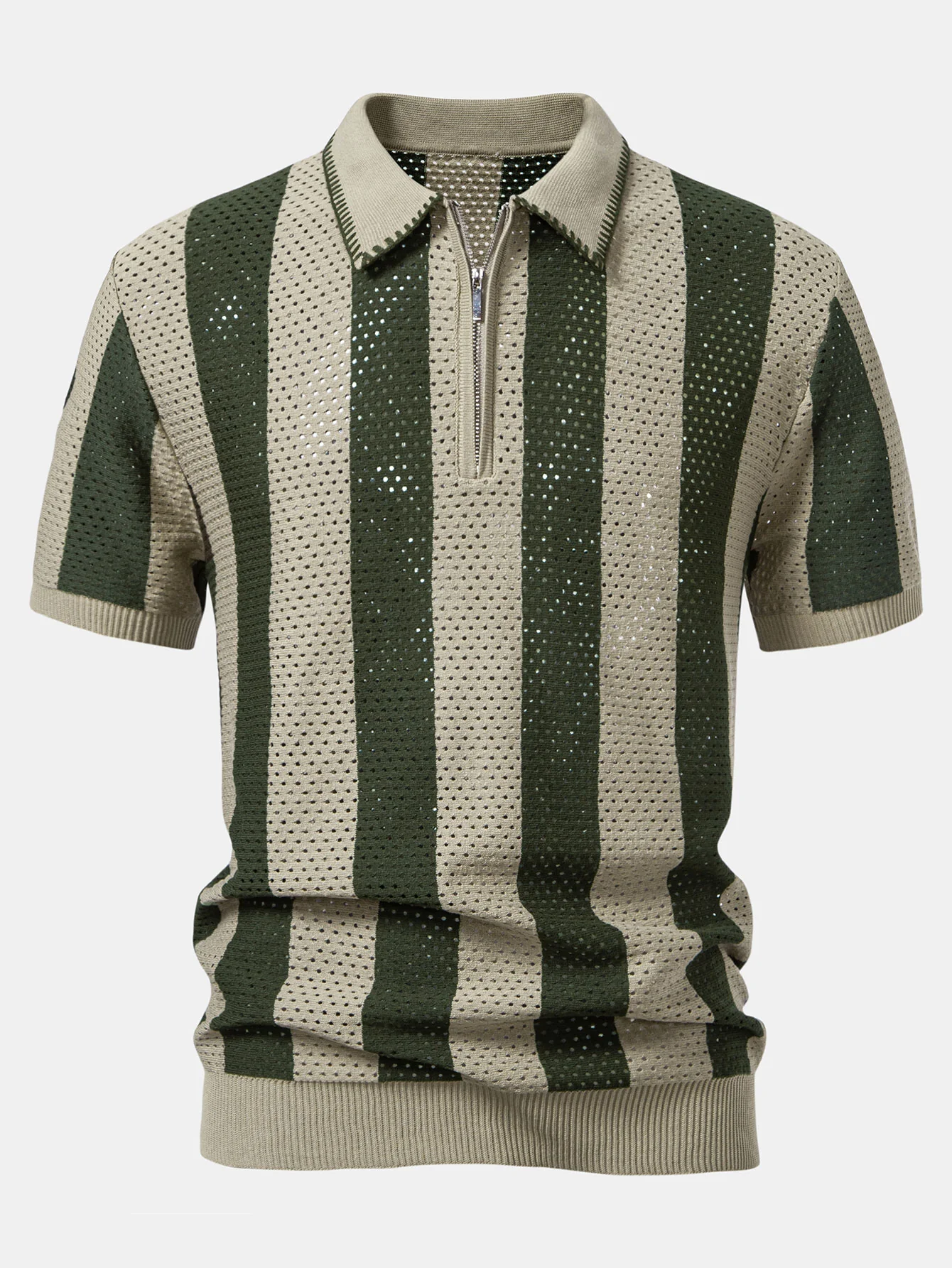 Gestreiftes Eyelet-Strick-Zip-Up Poloshirts-Shirt & Leinenhose mit geradem Bein - Image 6