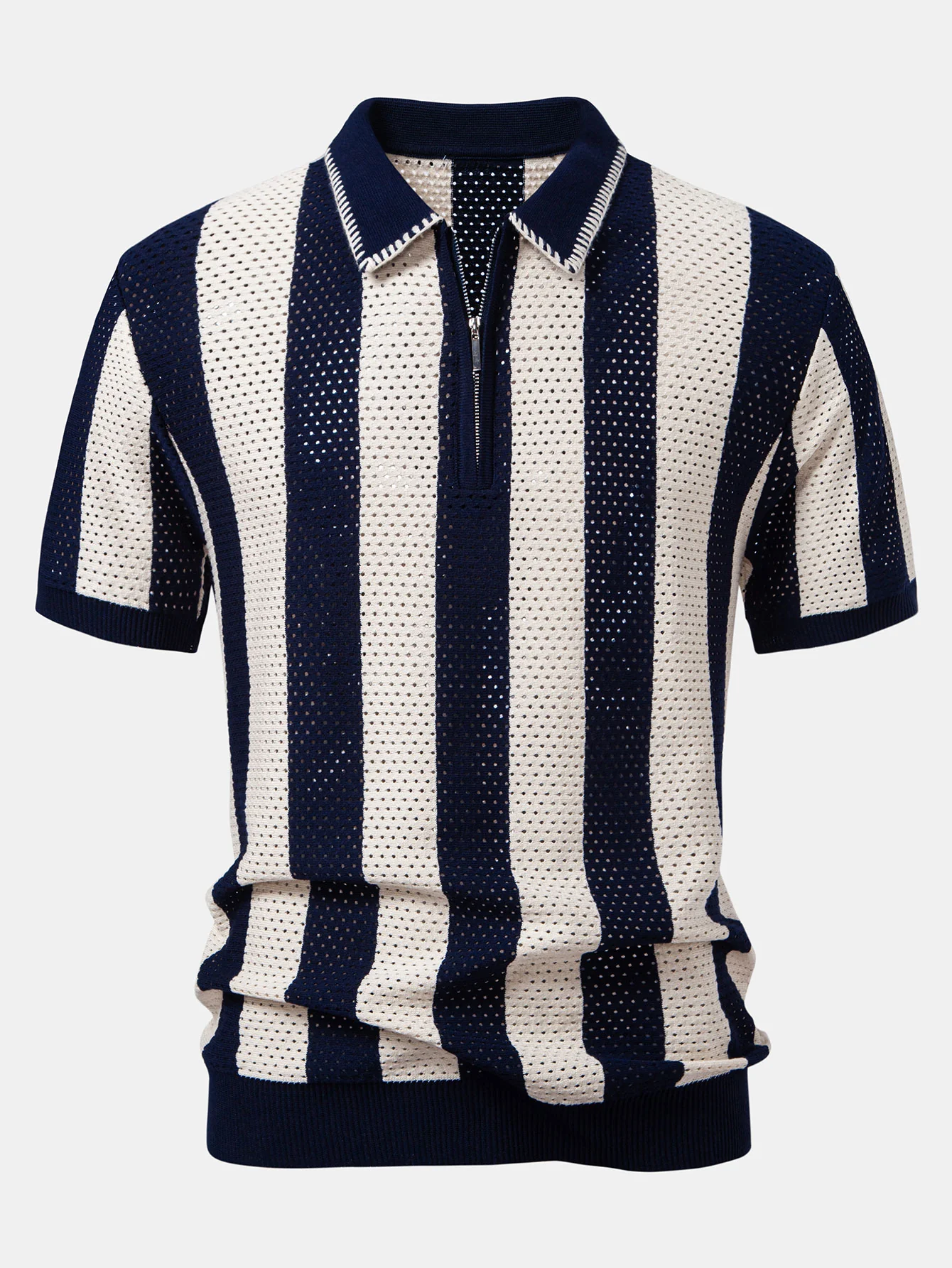 Gestreiftes Eyelet-Strick-Zip-Up Poloshirts-Shirt & Leinenhose mit geradem Bein - Image 8