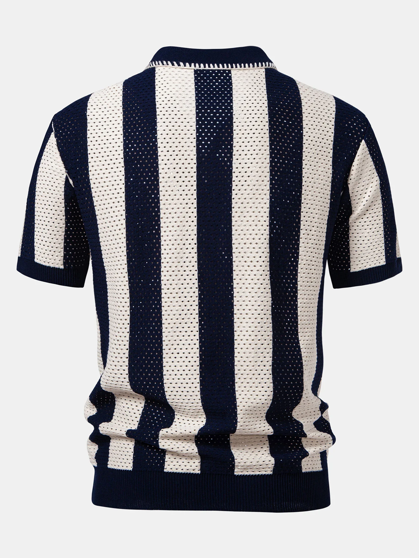 Gestreiftes Eyelet-Strick-Zip-Up Poloshirts-Shirt & Leinenhose mit geradem Bein - Image 9