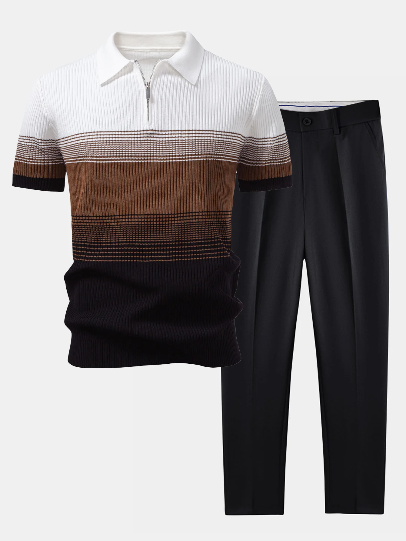 Gestreiftes Farbverlauf Strick Poloshirts & Schlanke Tapered Hose - Image 3