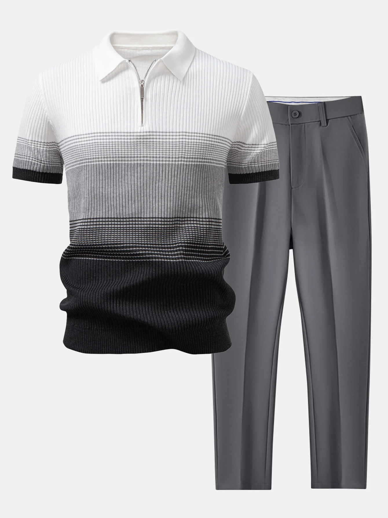 Gestreiftes Farbverlauf Strick Poloshirts & Schlanke Tapered Hose - Image 4