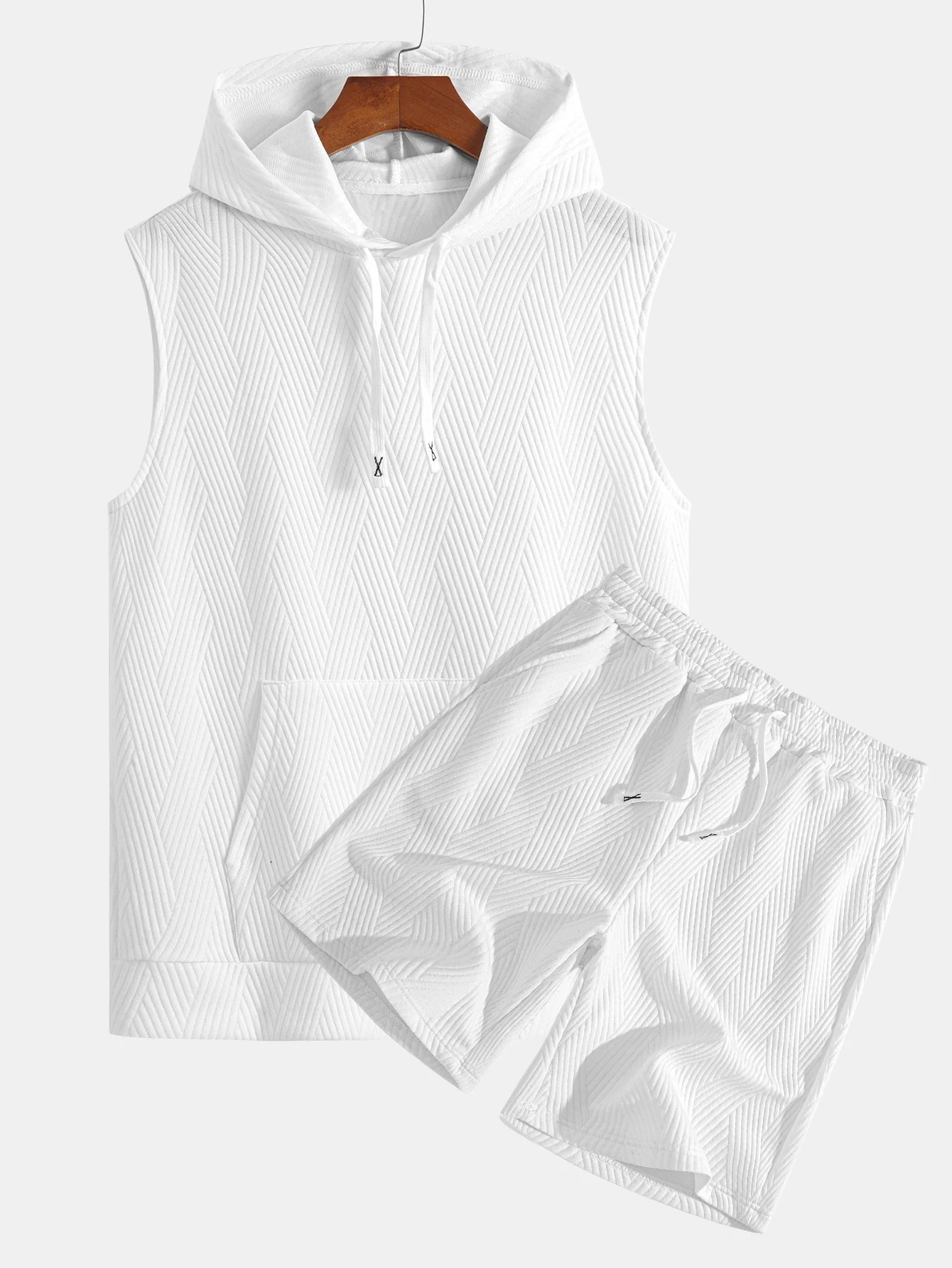 Gestreiftes Jacquard ärmelloses Kapuzen-T-Shirt & Shorts - Image 2