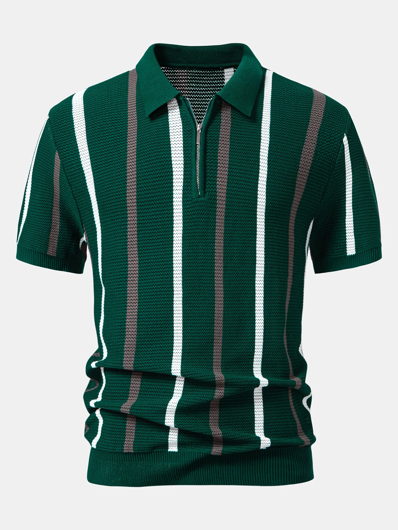 Gestreiftes Strick-Zip-Up Poloshirts-Shirt - Image 3