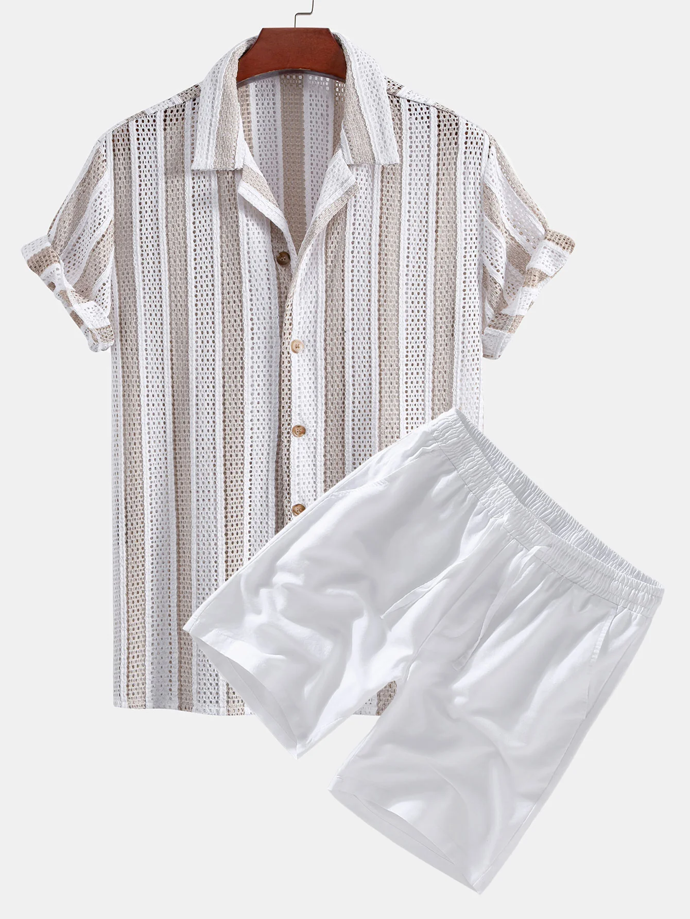 Gestreiftes Mesh-Cuban-Shirt & Leinen-Drawstring-Shorts