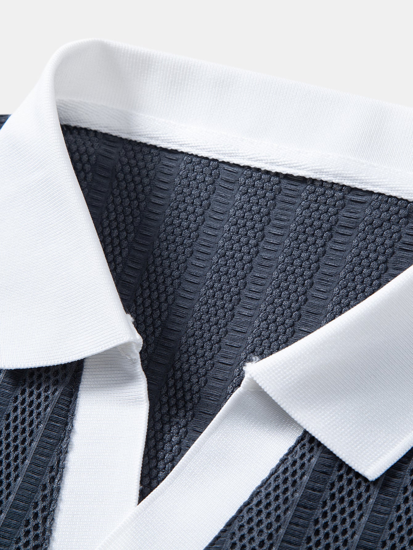 Striped Textured Johnny Collar Open Knit Polo - Image 11