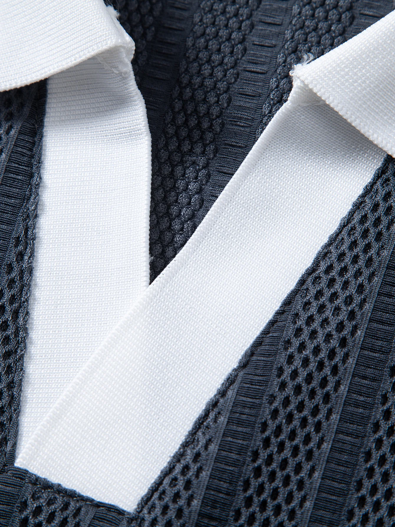 Striped Textured Johnny Collar Open Knit Polo - Image 12
