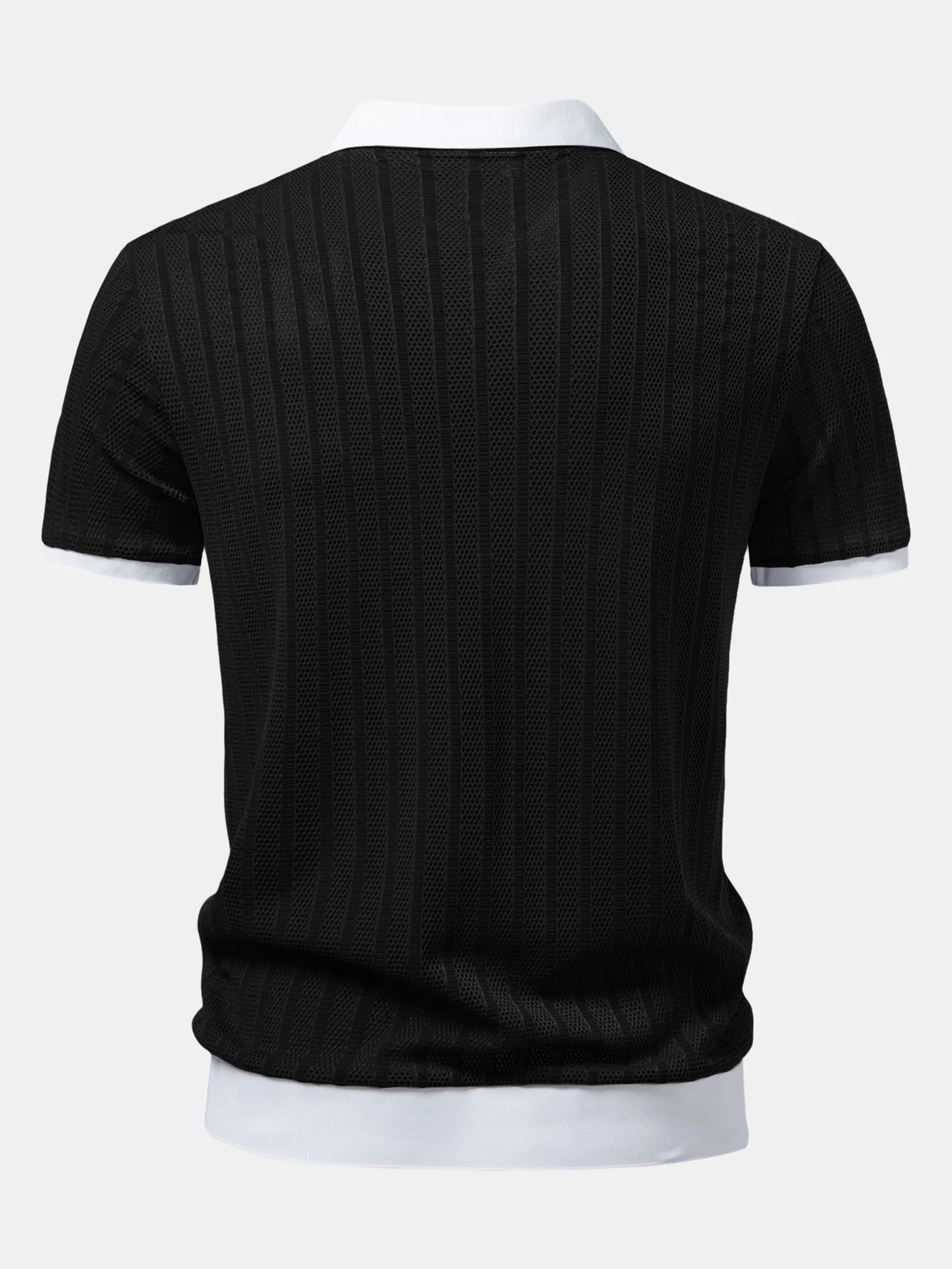 Striped Textured Johnny Collar Open Knit Polo - Image 2