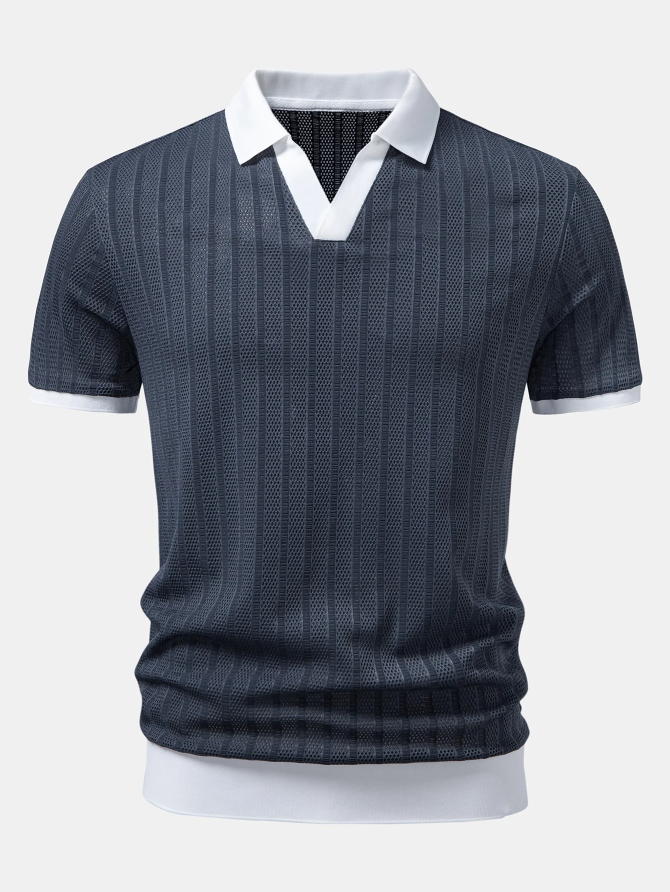 Striped Textured Johnny Collar Open Knit Polo - Image 3