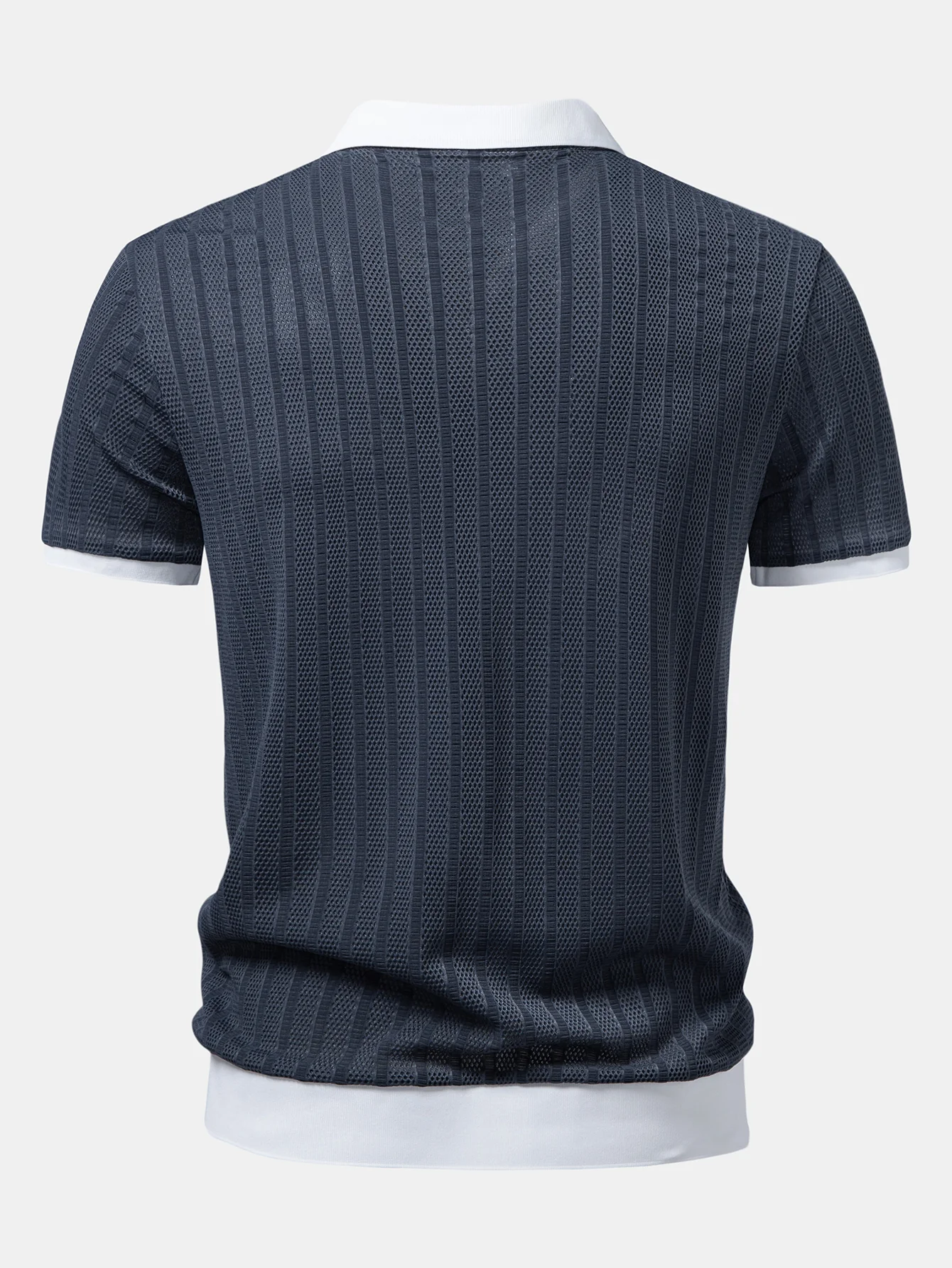 Striped Textured Johnny Collar Open Knit Polo - Image 4