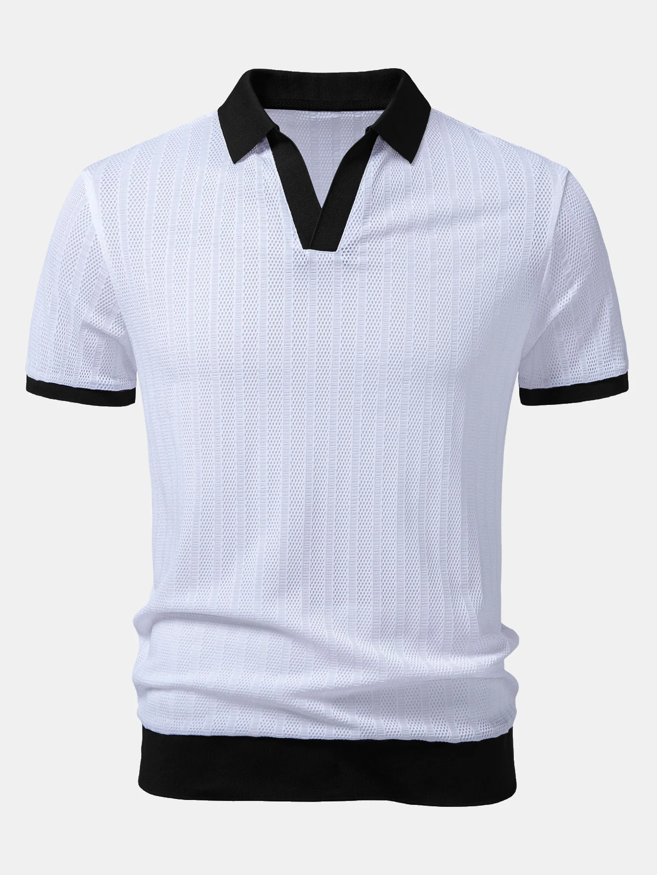 Striped Textured Johnny Collar Open Knit Polo - Image 5