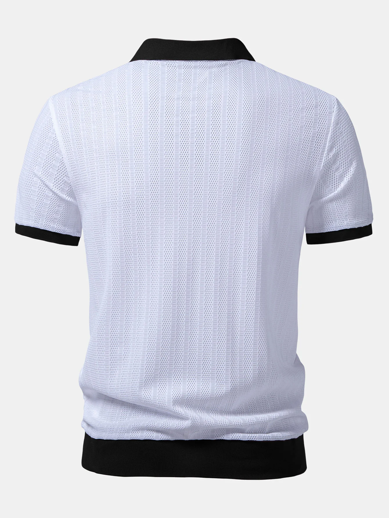Striped Textured Johnny Collar Open Knit Polo - Image 6