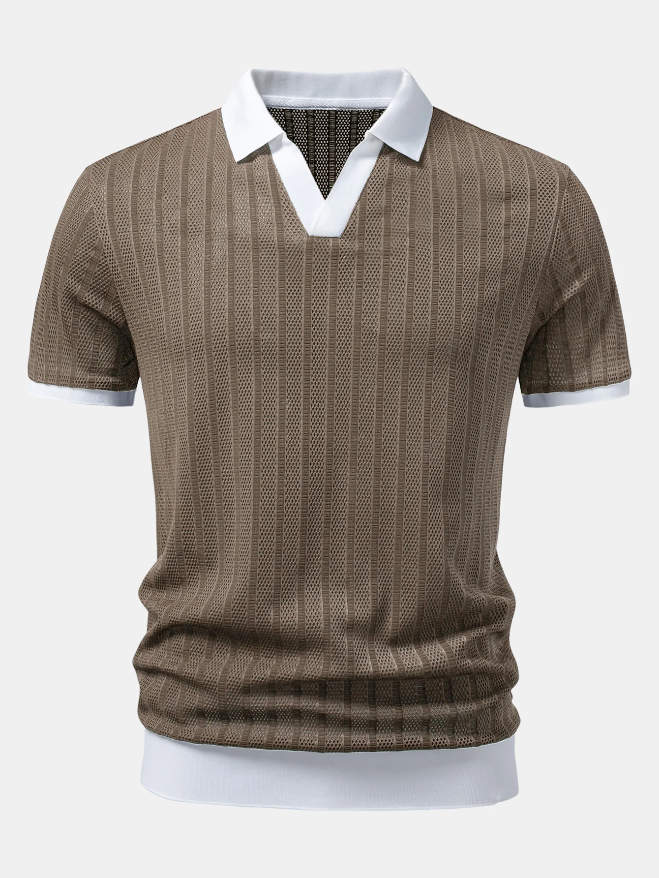 Striped Textured Johnny Collar Open Knit Polo - Image 7