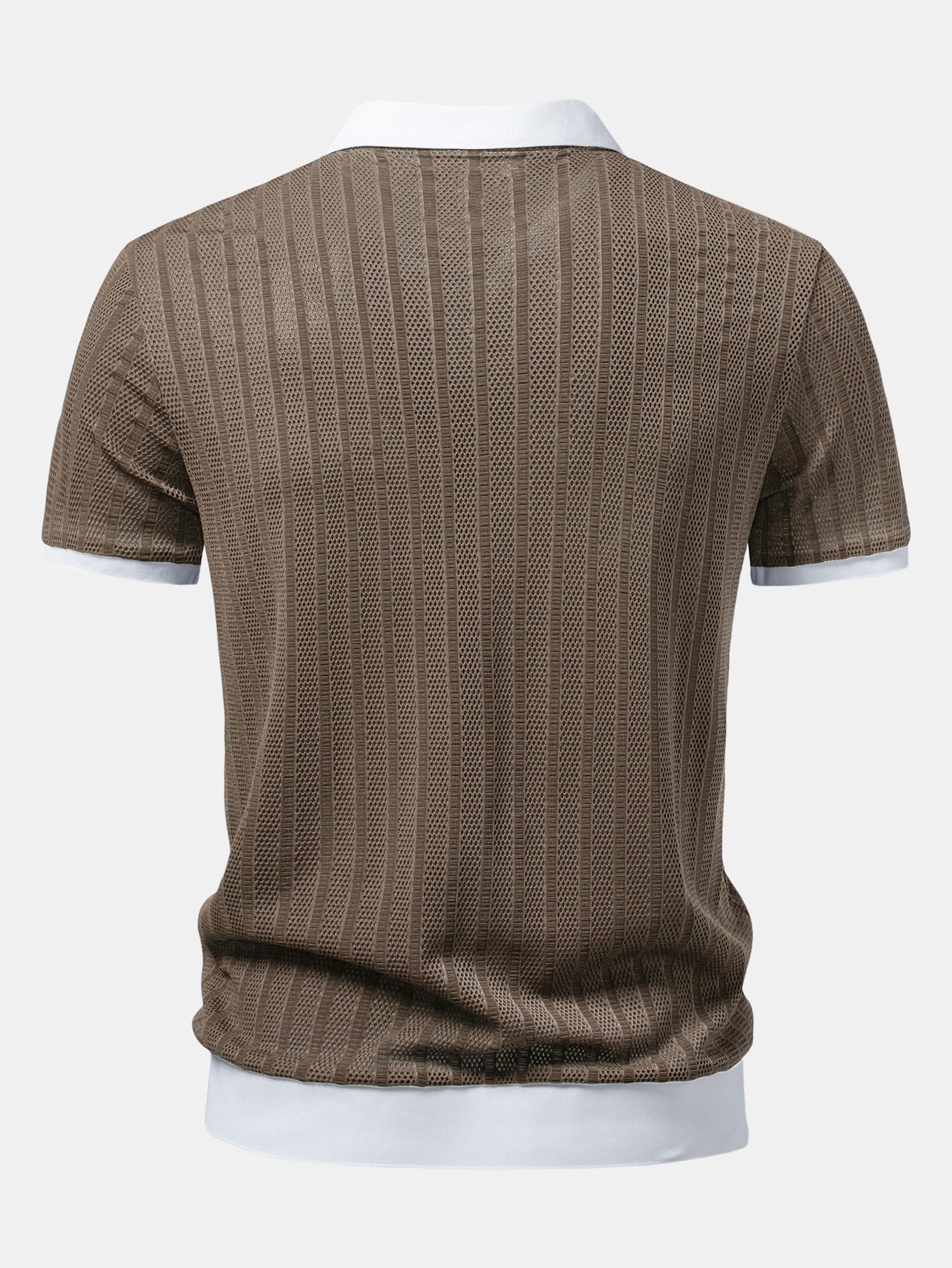 Striped Textured Johnny Collar Open Knit Polo - Image 8