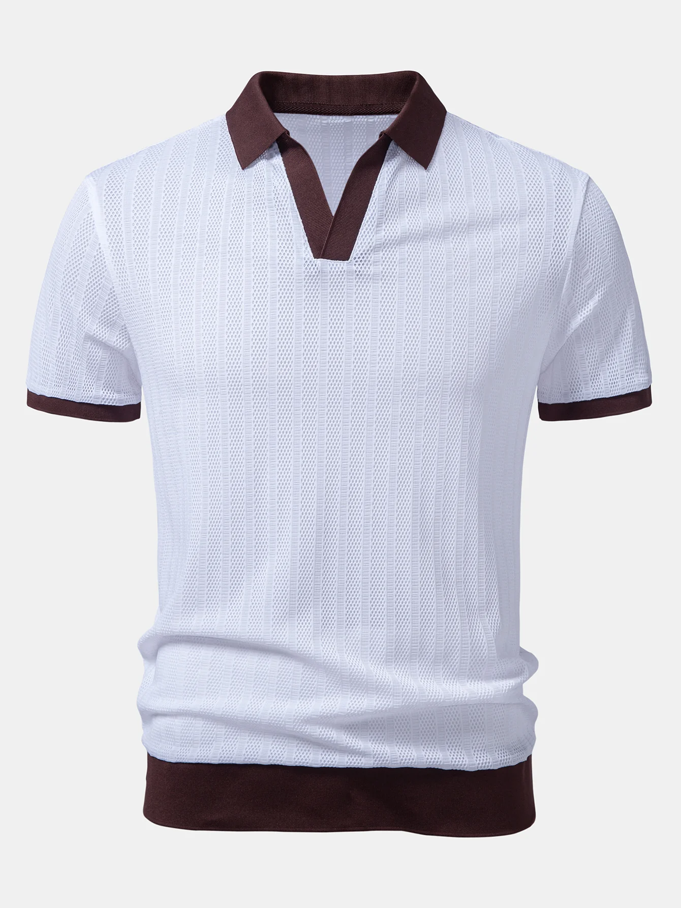 Striped Textured Johnny Collar Open Knit Polo - Image 9
