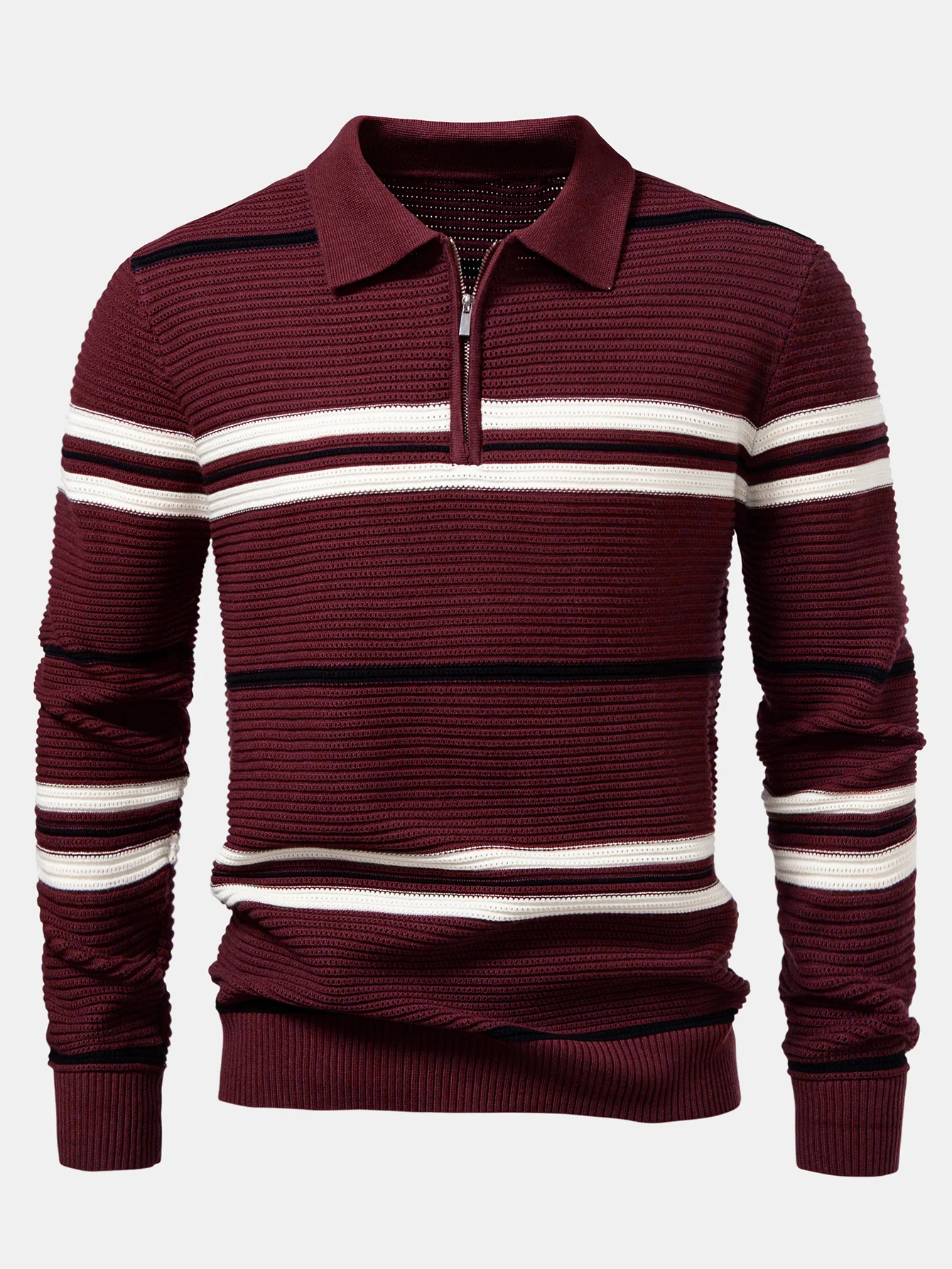 Gestreiftes strukturiertes Strick-Poloshirt mit Reißverschluss - Image 11