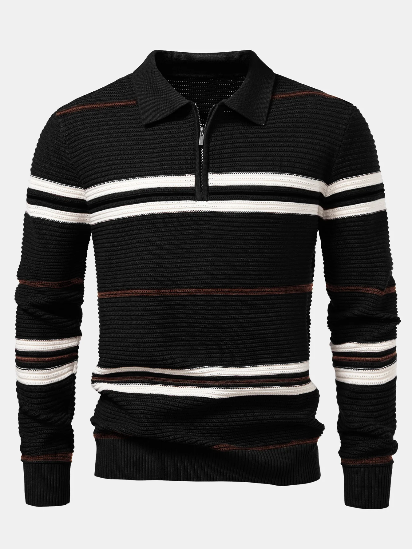 Gestreiftes strukturiertes Strick-Poloshirt mit Reißverschluss - Image 3