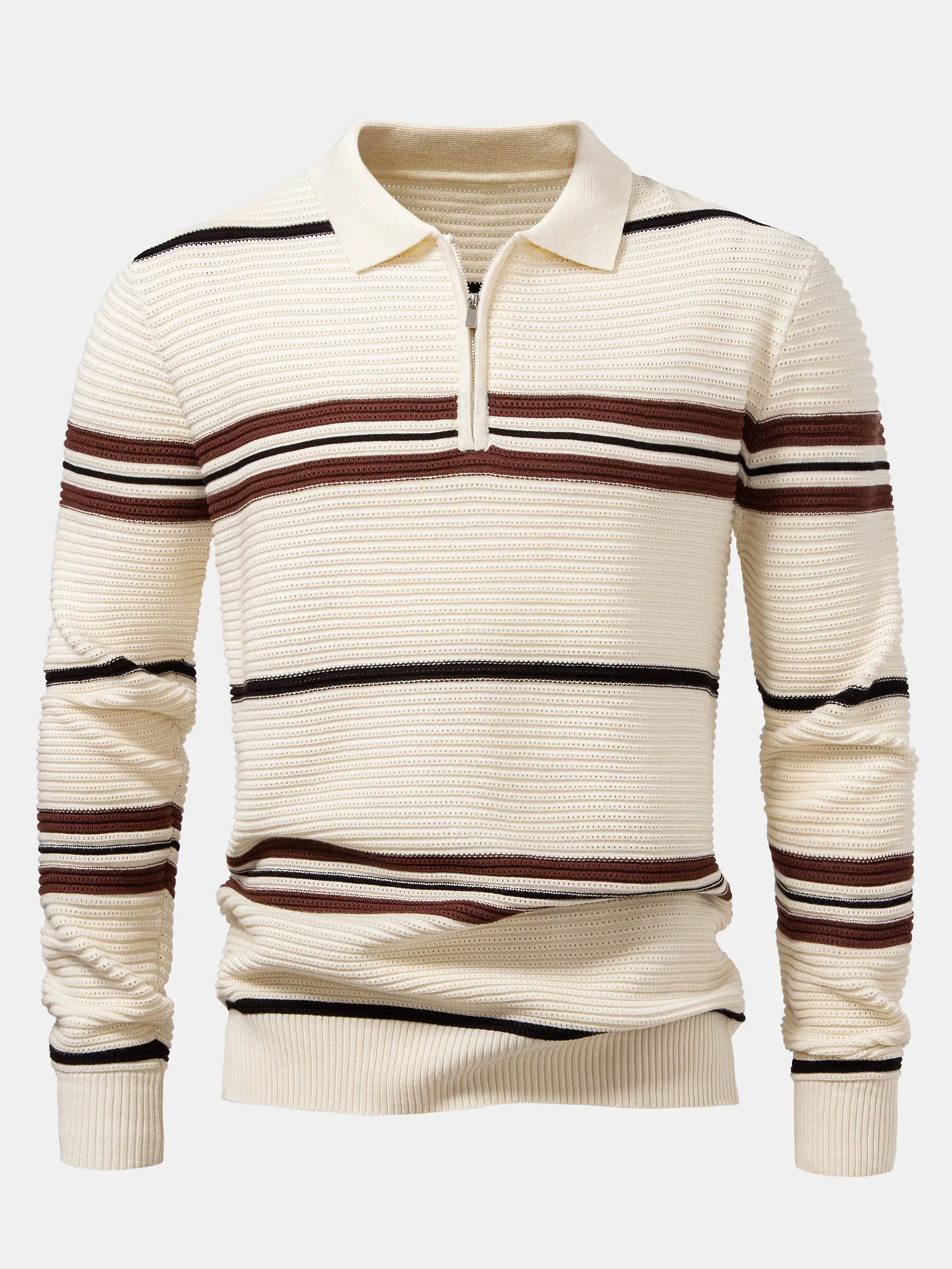 Gestreiftes strukturiertes Strick-Poloshirt mit Reißverschluss - Image 5