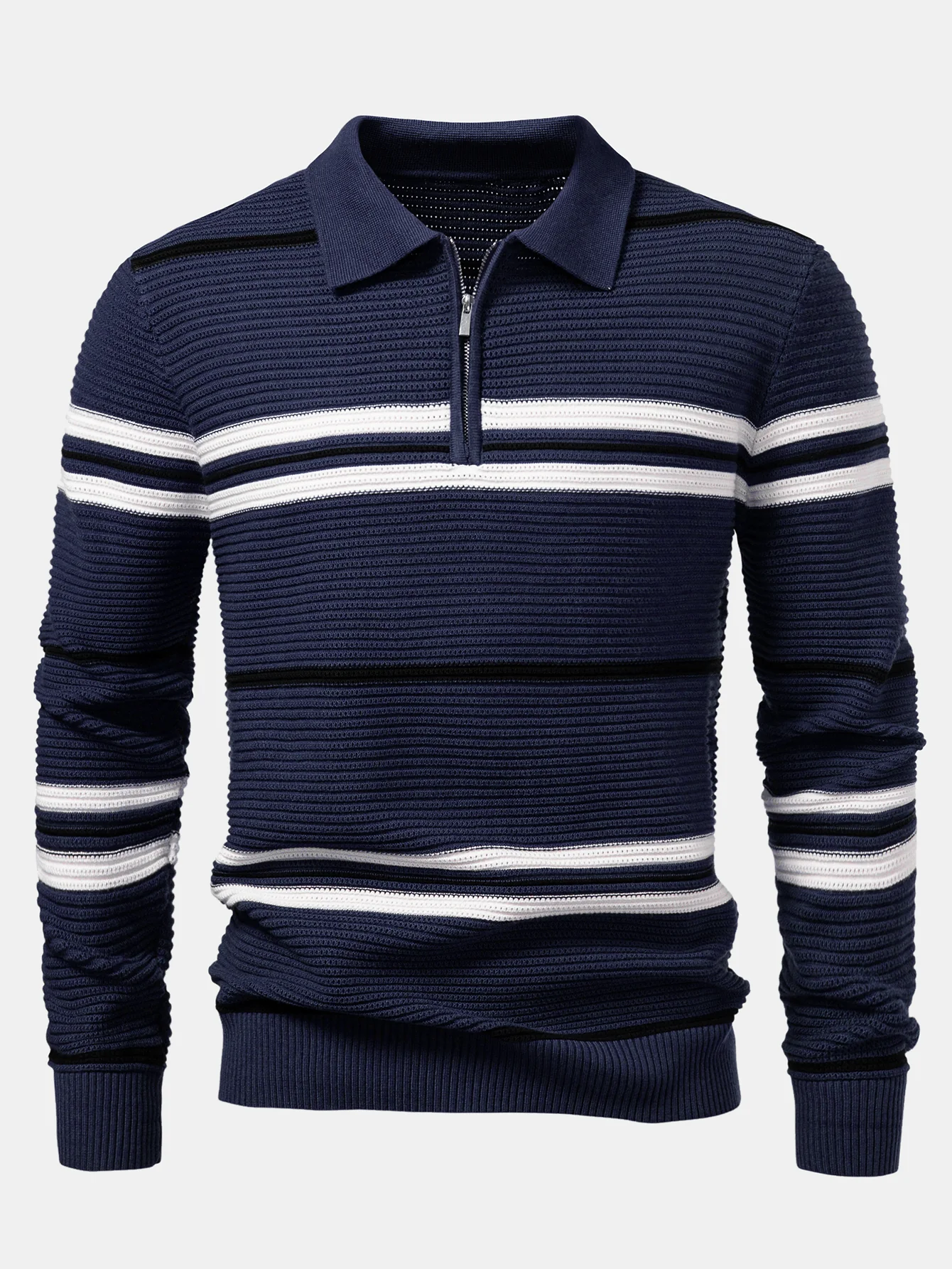 Gestreiftes strukturiertes Strick-Poloshirt mit Reißverschluss - Image 7