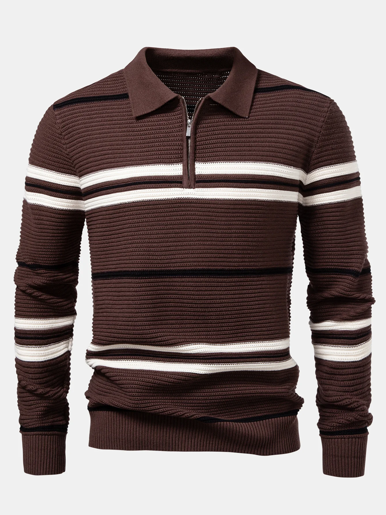 Gestreiftes strukturiertes Strick-Poloshirt mit Reißverschluss - Image 9