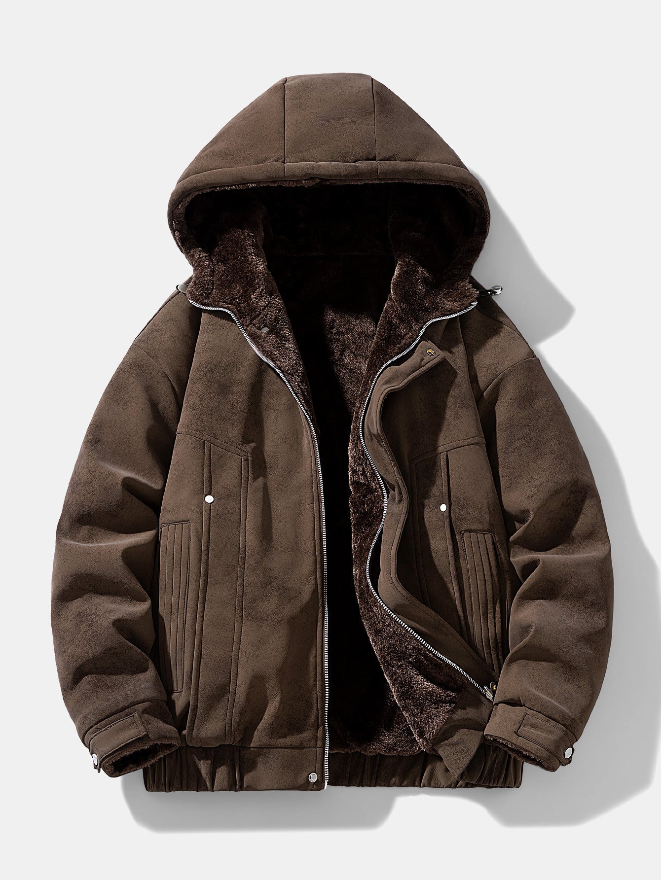 Relax Fit Suede Teddy Zipper Reversible Hooded Coat