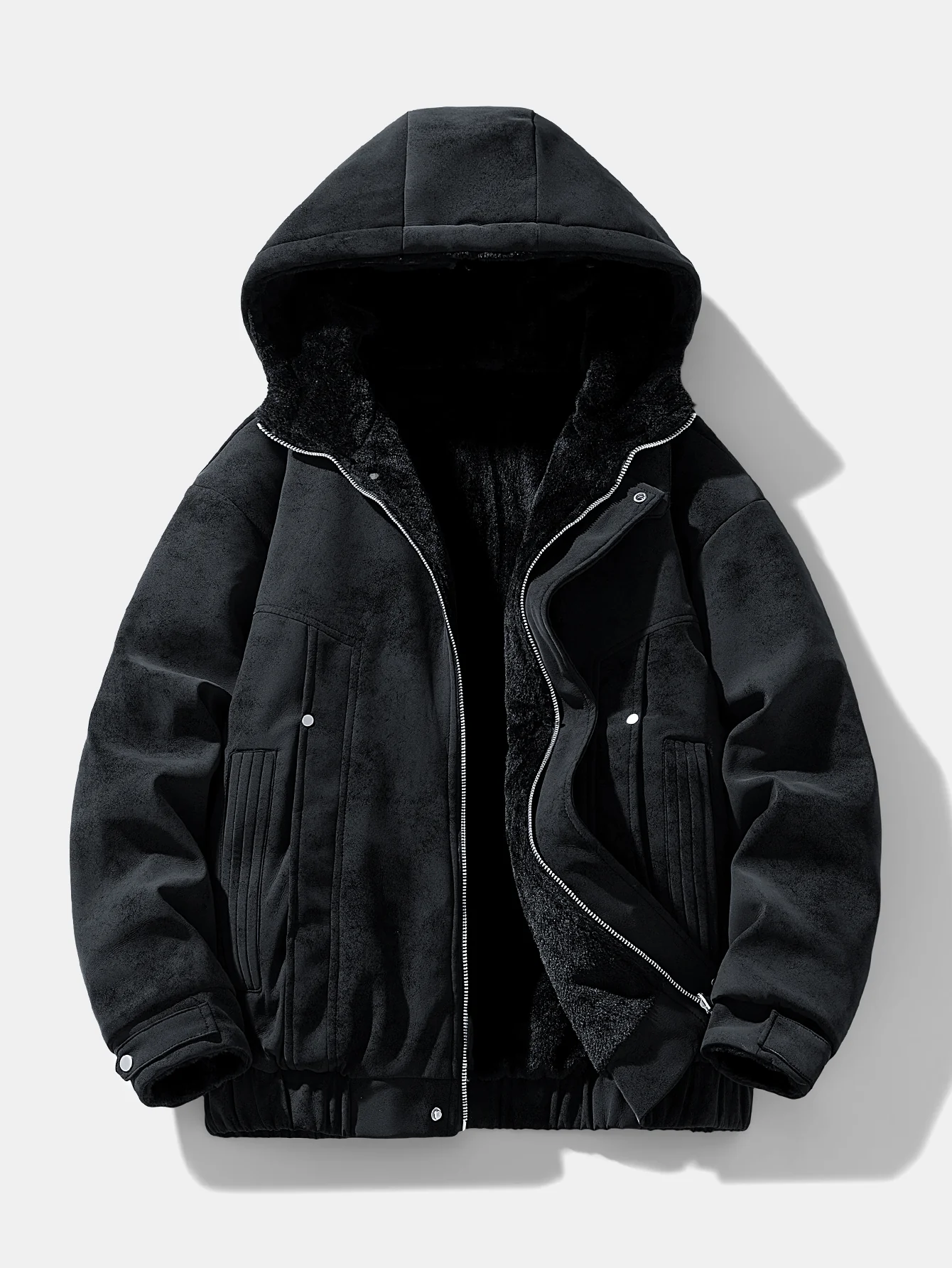 Relax Fit Suede Teddy Zipper Reversible Hooded Coat - Image 4