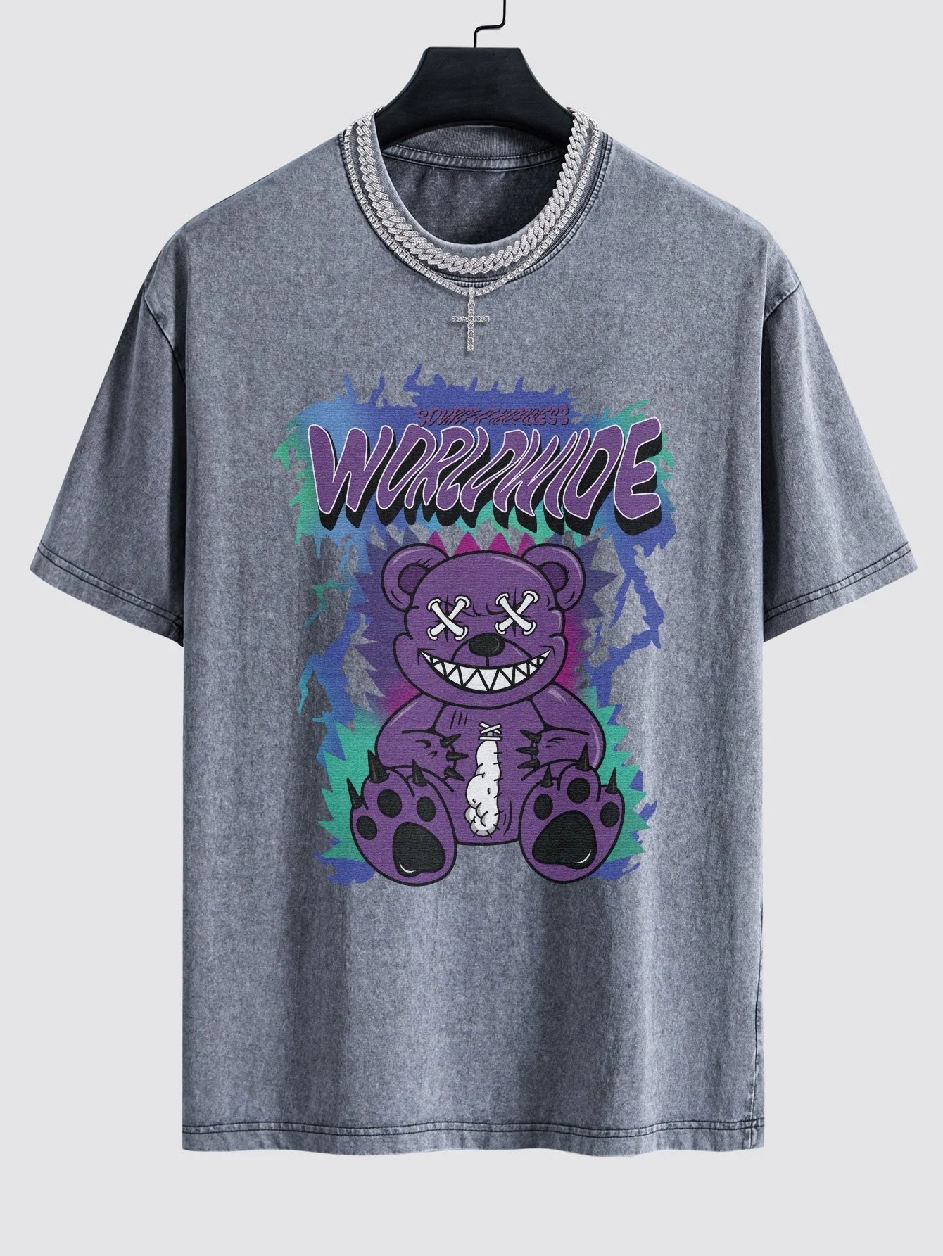 Zerrissener Bärenprint gewaschener Drop-Shoulder Oversize T-Shirt - Image 2