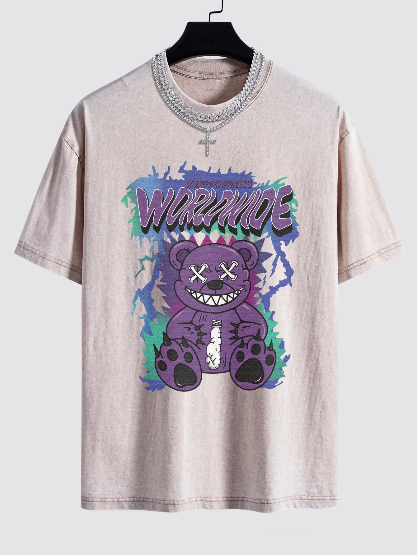Zerrissener Bärenprint gewaschener Drop-Shoulder Oversize T-Shirt - Image 3