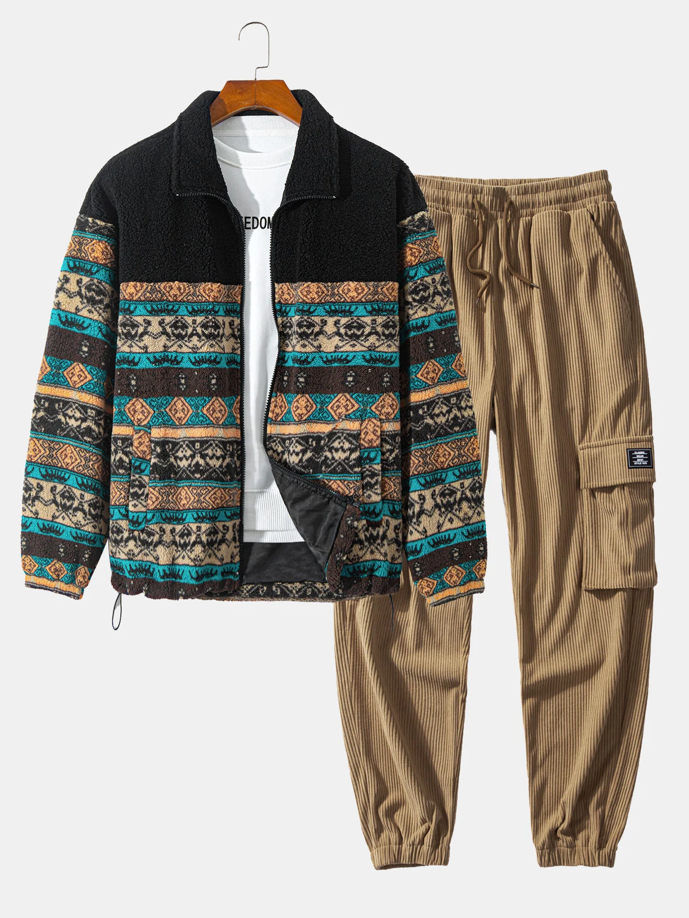 Teddy-Fleece Ethno-Print Mantel & Kordelzug Corduroy Cargo Jogger-Hosen