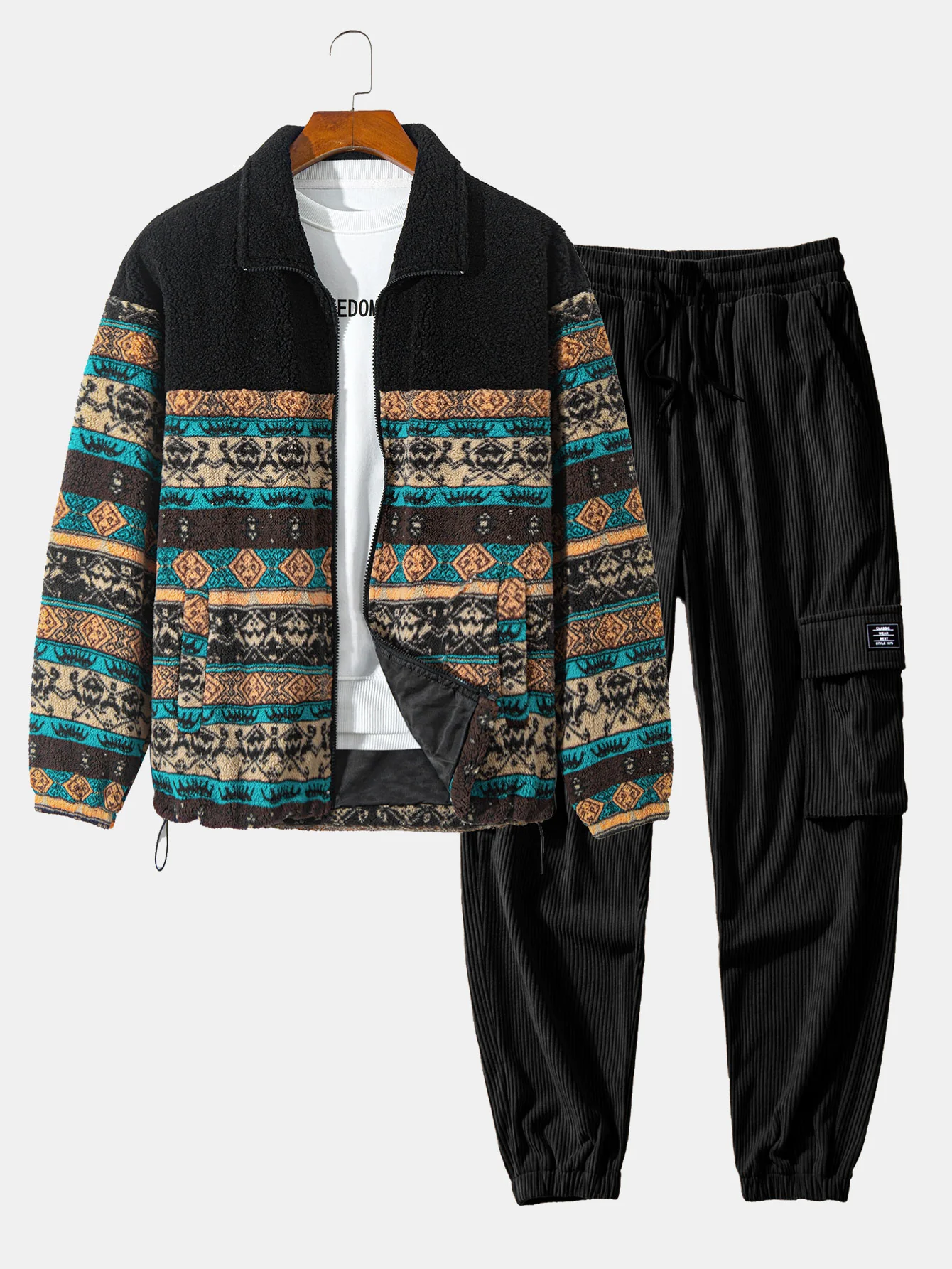 Teddy-Fleece Ethno-Print Mantel & Kordelzug Corduroy Cargo Jogger-Hosen - Image 2