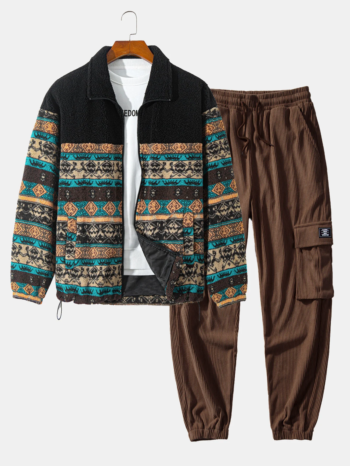 Teddy-Fleece Ethno-Print Mantel & Kordelzug Corduroy Cargo Jogger-Hosen - Image 3