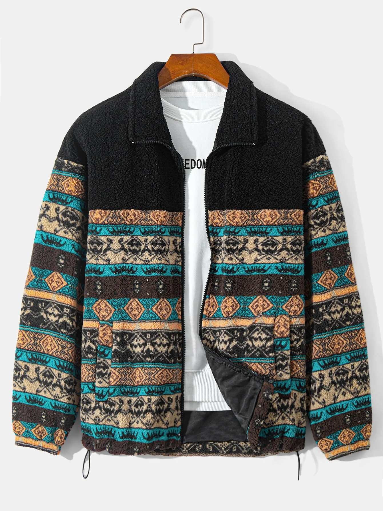 Teddy-Fleece Ethno-Print Mantel & Kordelzug Corduroy Cargo Jogger-Hosen - Image 4