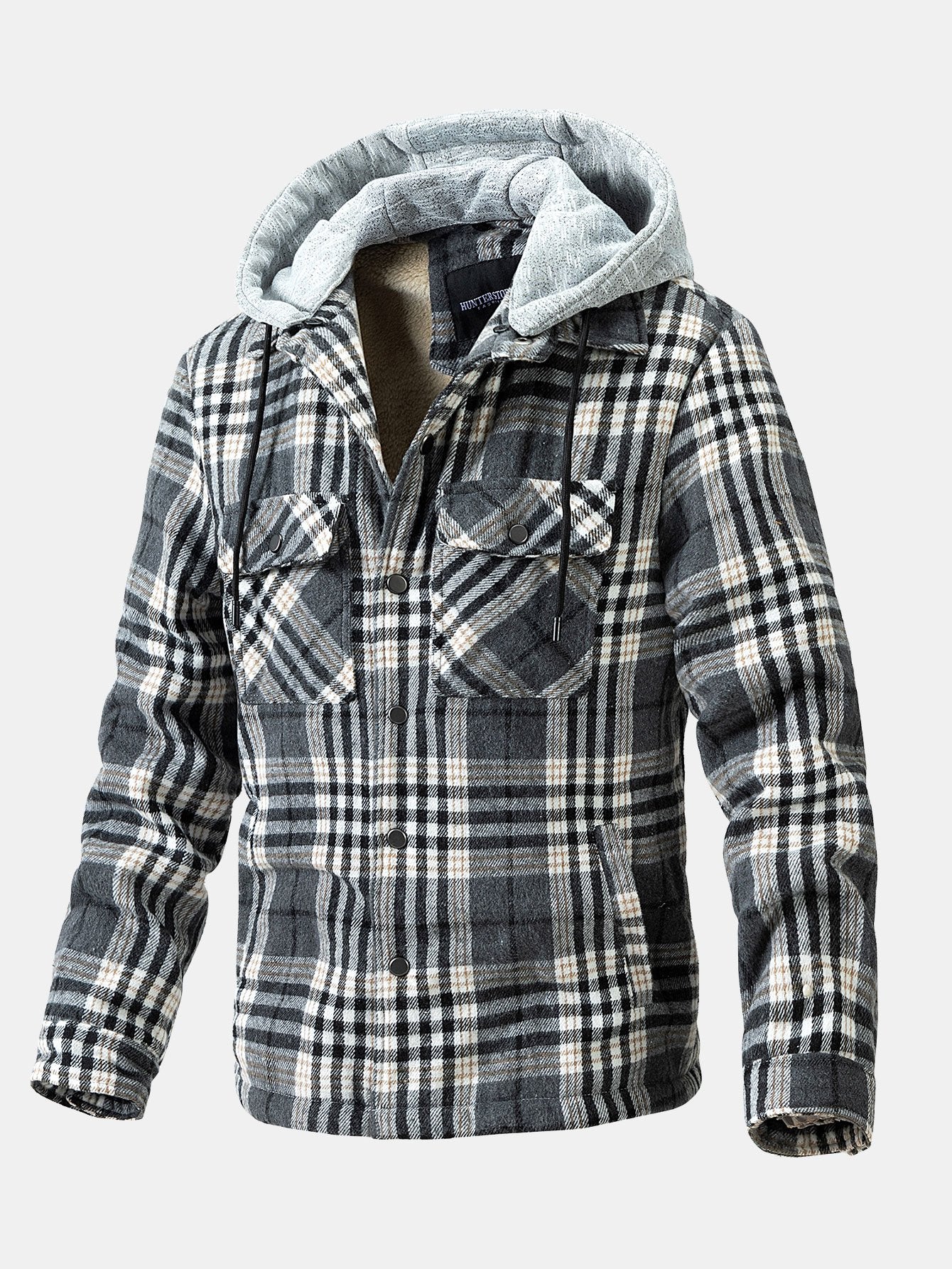 Teddy-Fleece gefütterter abnehmbarer Flanell-Karo-Mantel mit Kapuze - Image 4