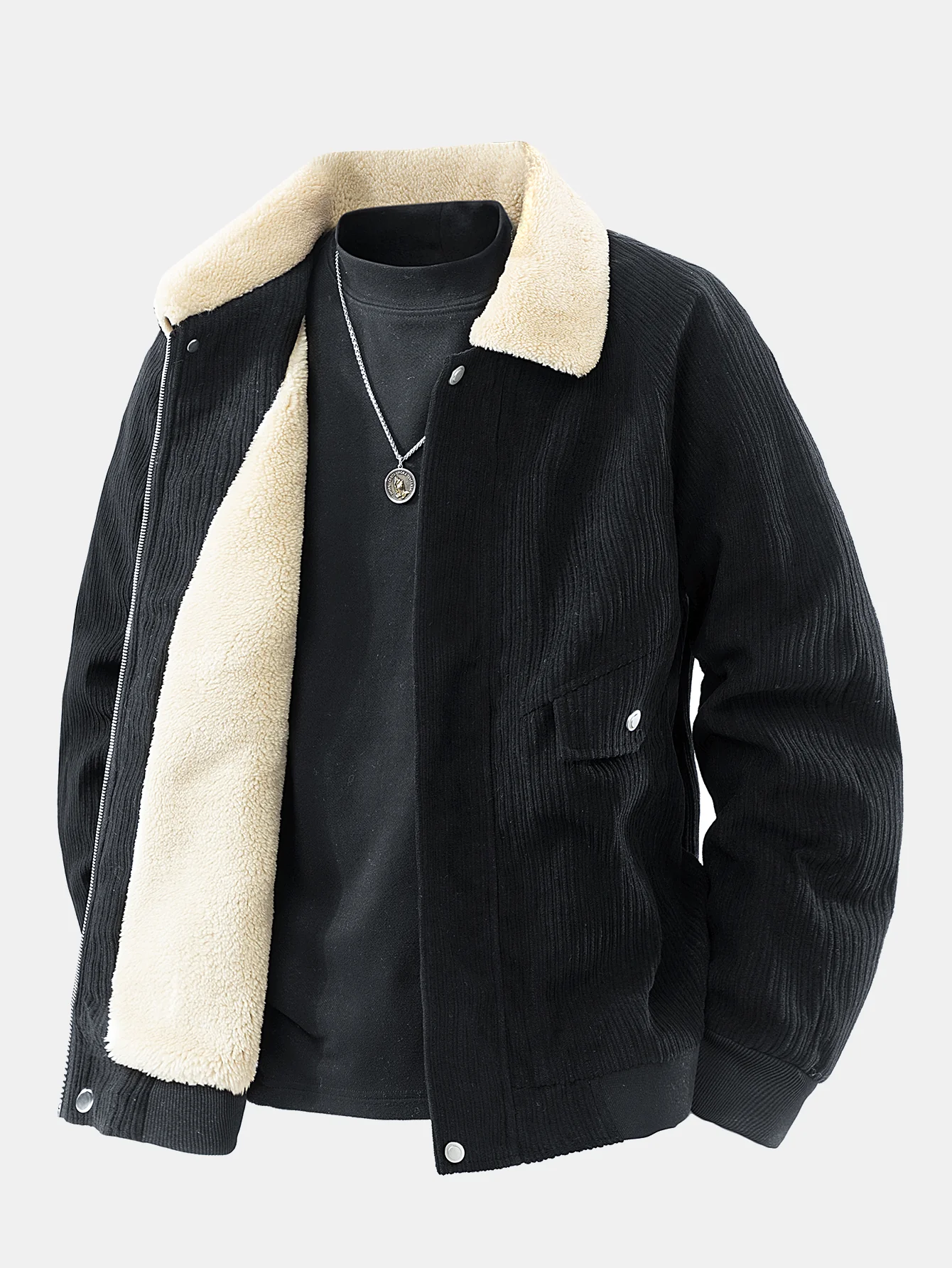 Teddy Lined Corduroy Zipper Jacket - Image 5