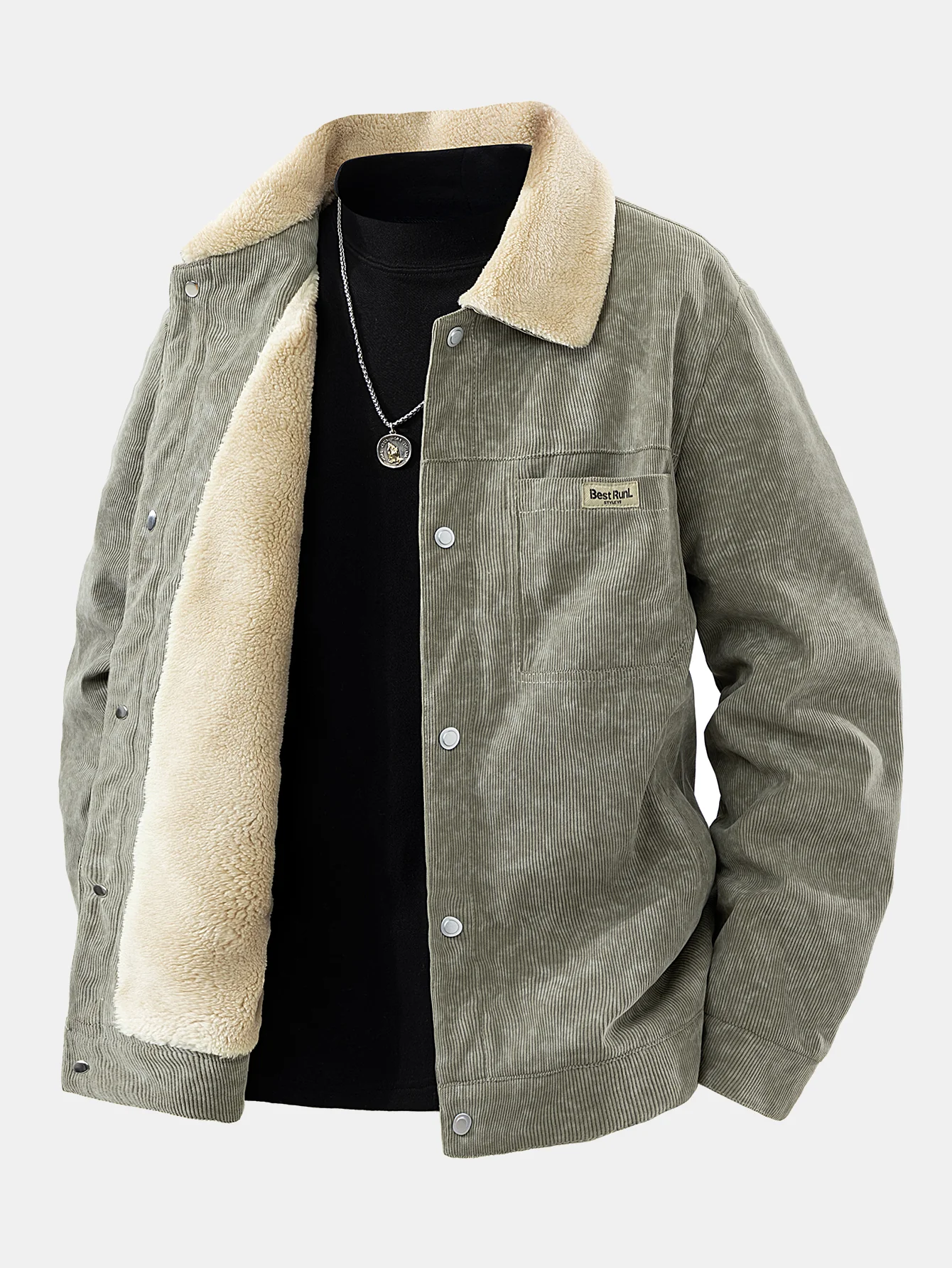 Teddy Lined Tie Dye Corduroy Pocket Button Up Jacket - Image 4