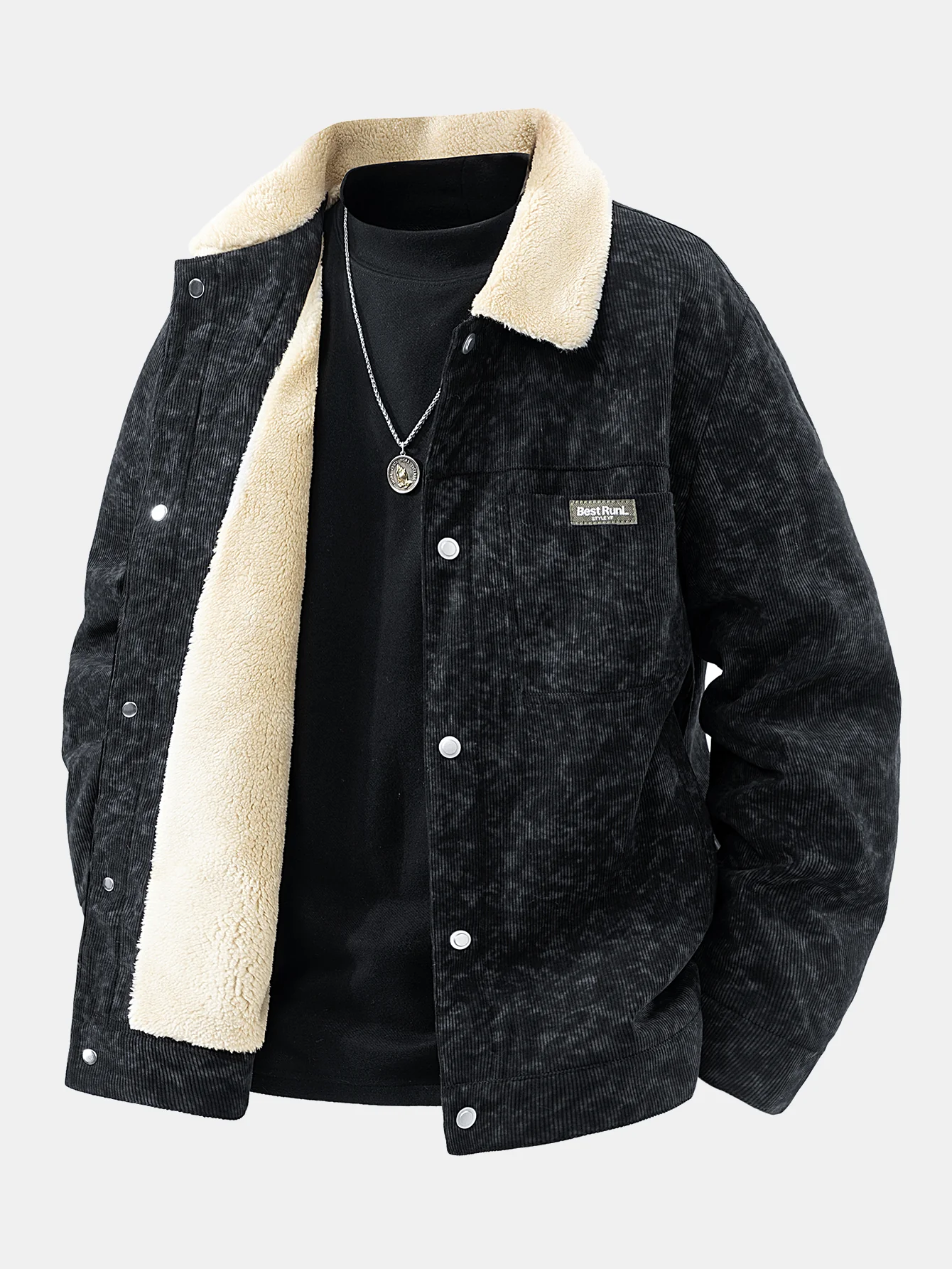 Teddy Lined Tie Dye Corduroy Pocket Button Up Jacket - Image 7