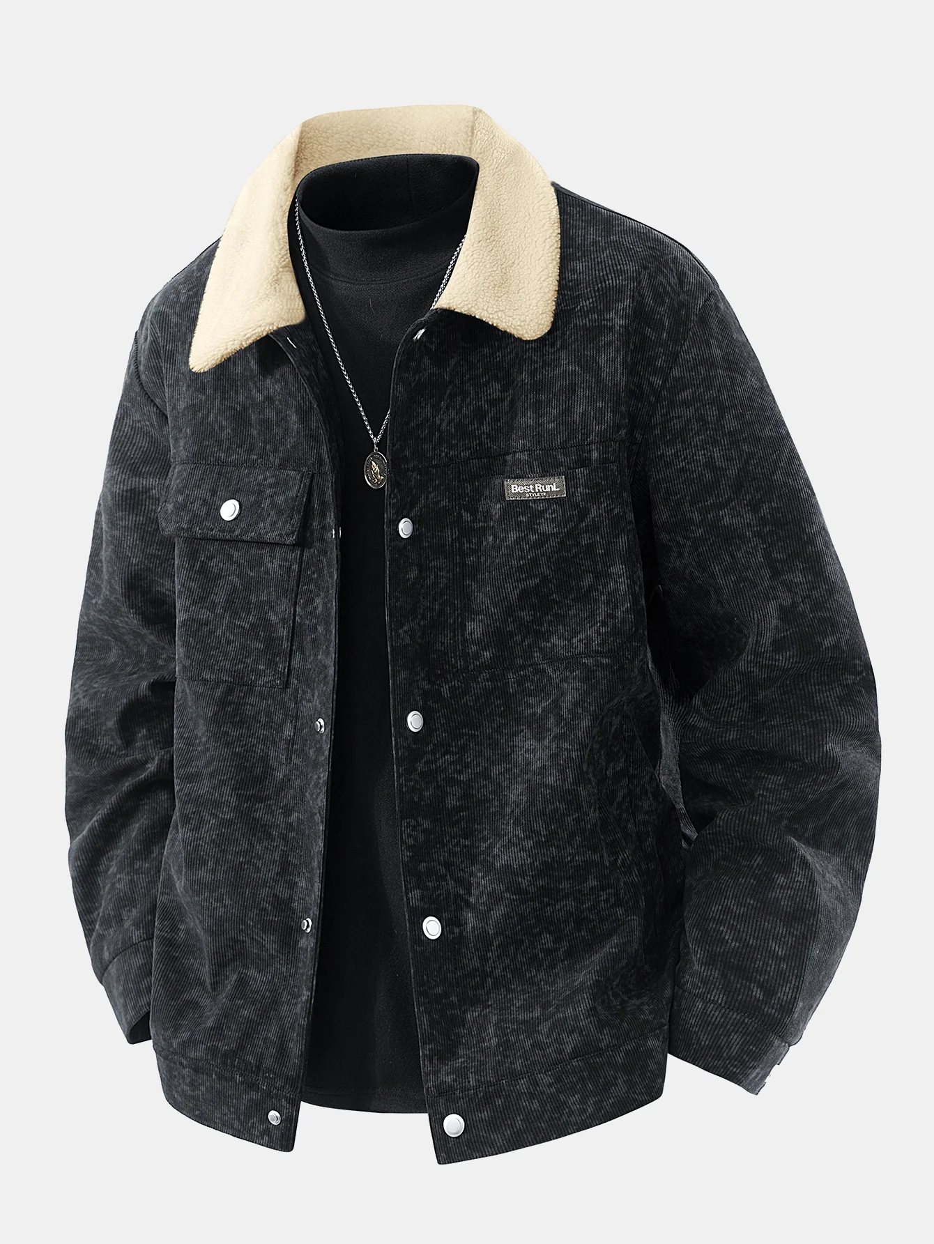 Teddy Lined Tie Dye Corduroy Pocket Button Up Jacket - Image 8