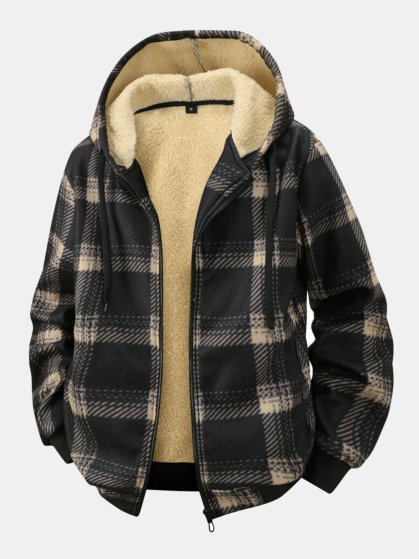 Teddy Lined Zip Up Flannel Plaid Hooded Coat