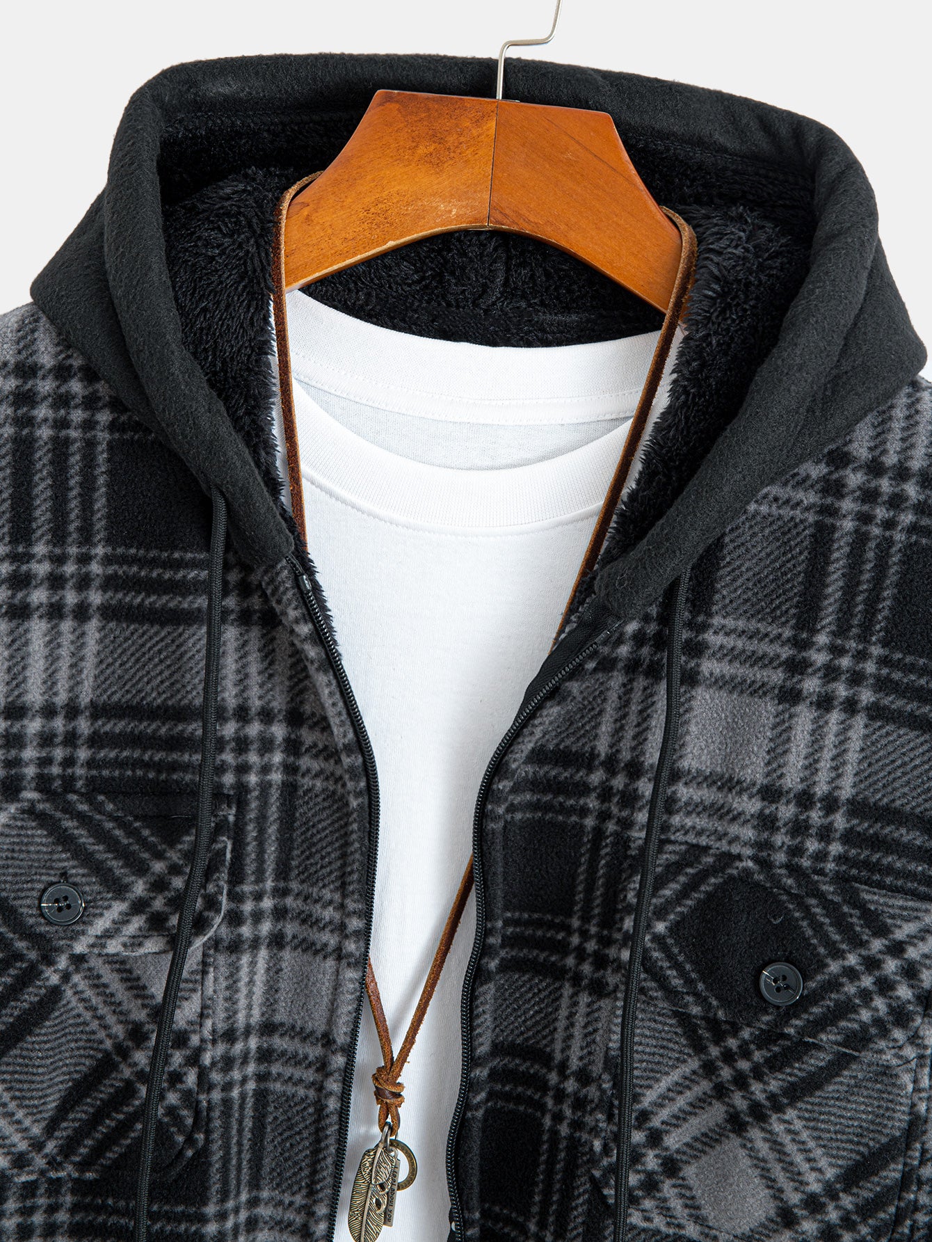 Teddy Lined Zip Up Flannel Plaid Hooded Shirt - Image 3