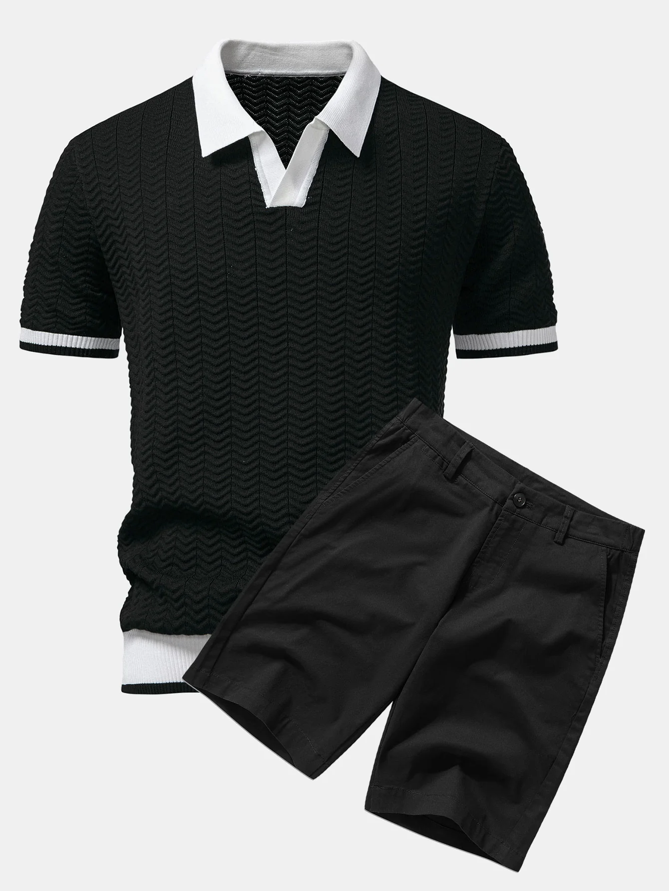 Strukturkontrast Strick V-Ausschnitt Poloshirts & Baumwoll Chino Shorts - Image 3