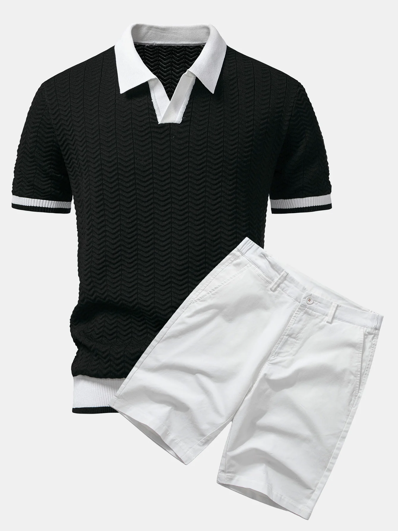 Strukturkontrast Strick V-Ausschnitt Poloshirts & Baumwoll Chino Shorts - Image 4