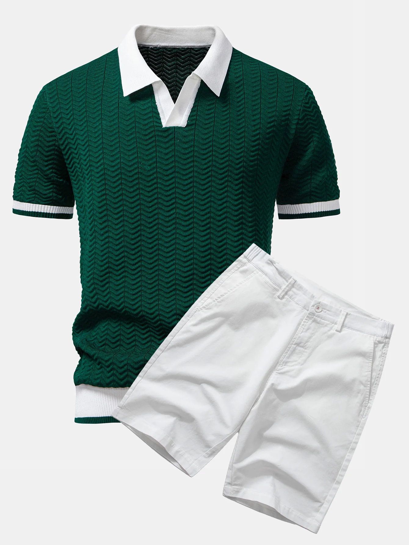 Strukturkontrast Strick V-Ausschnitt Poloshirts & Baumwoll Chino Shorts - Image 5