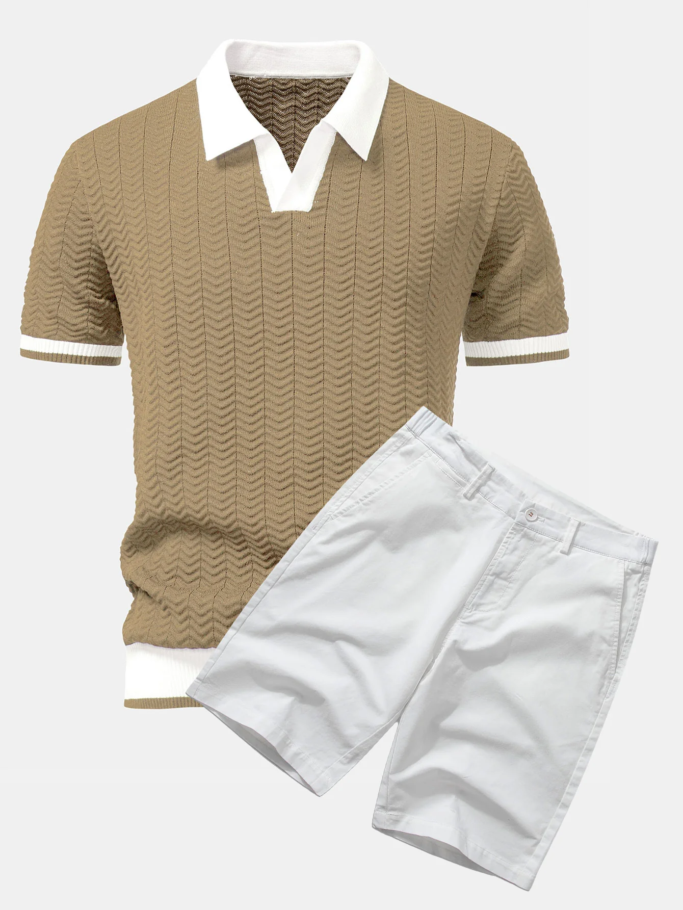 Strukturkontrast Strick V-Ausschnitt Poloshirts & Baumwoll Chino Shorts - Image 6