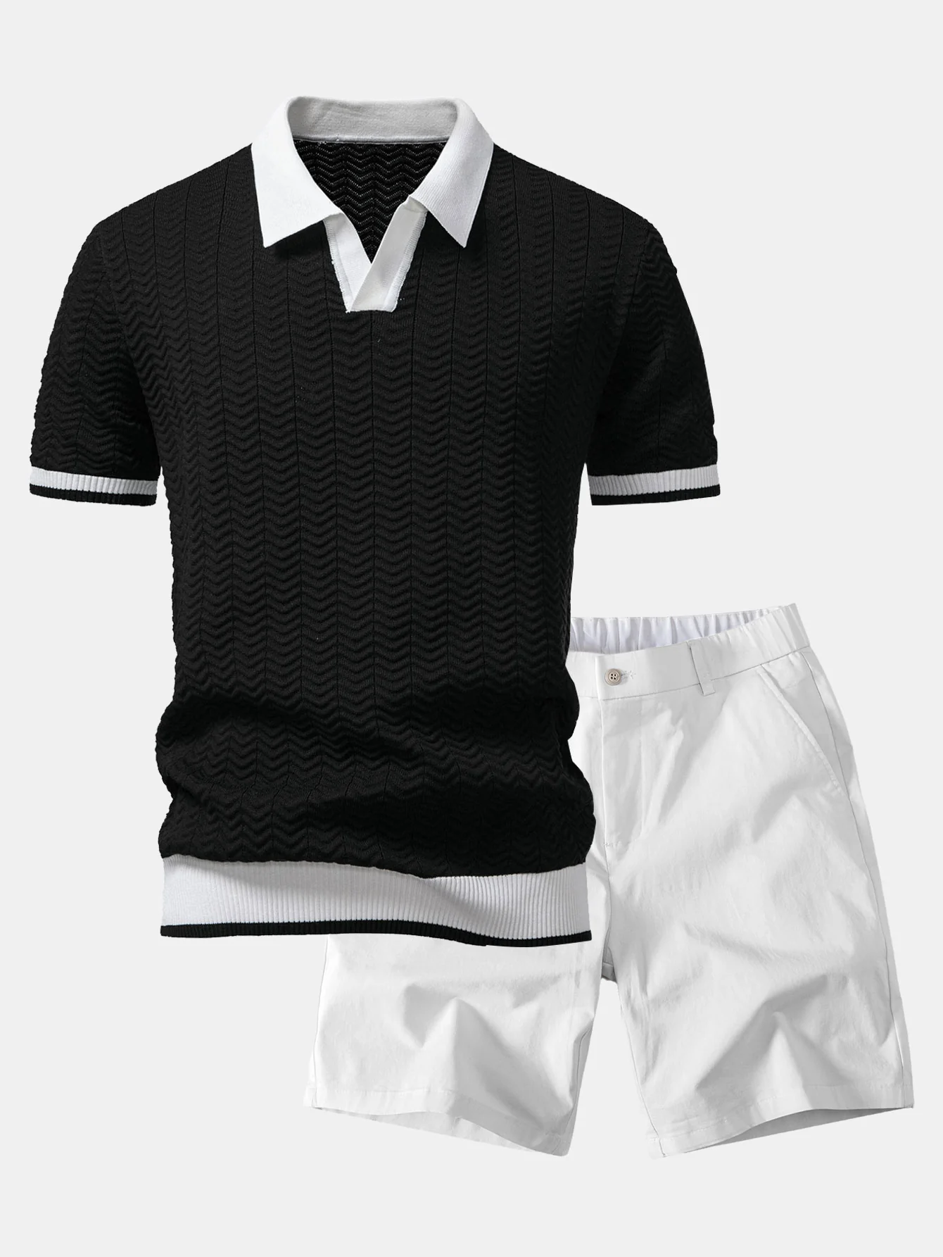 Texture Contrast Knitted V Neck Polo Shirt & Elastic Waist Chino Shorts - Image 2