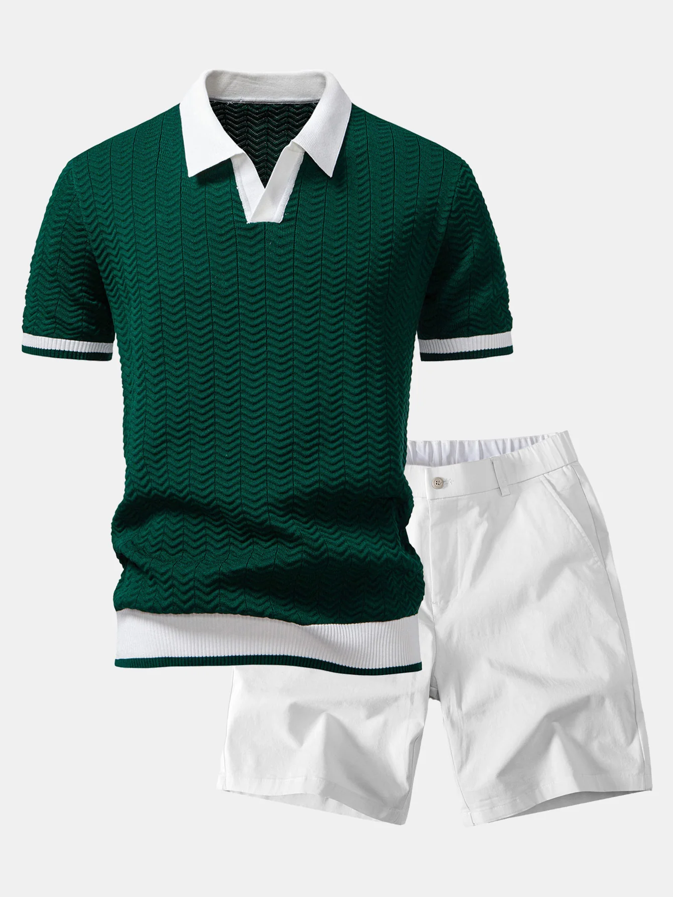 Texture Contrast Knitted V Neck Polo Shirt & Elastic Waist Chino Shorts - Image 3