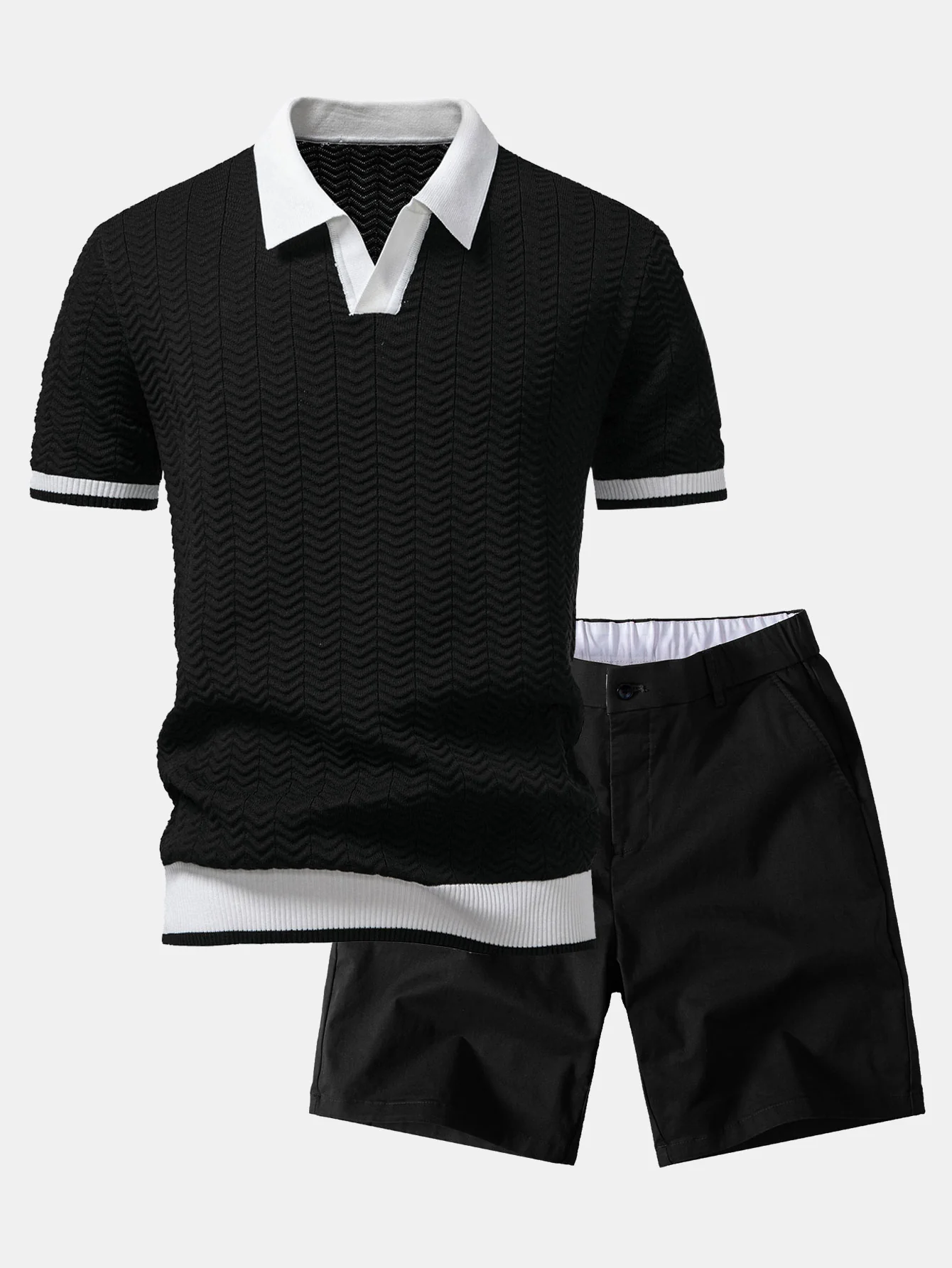 Texture Contrast Knitted V Neck Polo Shirt & Elastic Waist Chino Shorts - Image 4