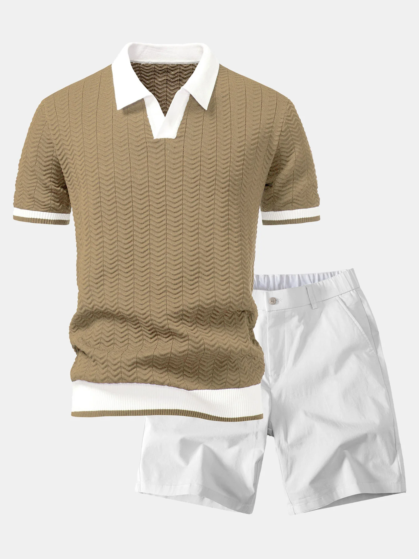 Texture Contrast Knitted V Neck Polo Shirt & Elastic Waist Chino Shorts - Image 5