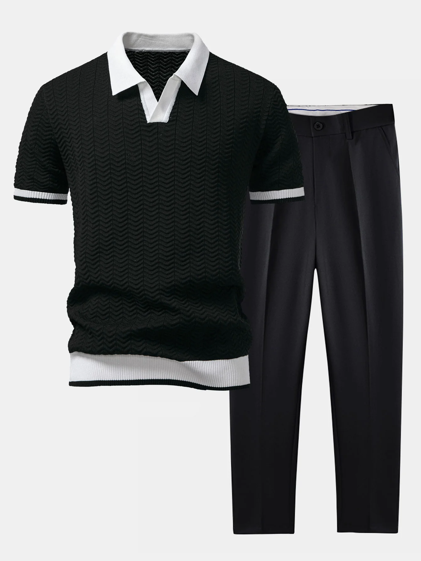 Strukturkontrast Strick V-Ausschnitt Poloshirts & Schlanke, Verjüngte Hose - Image 3