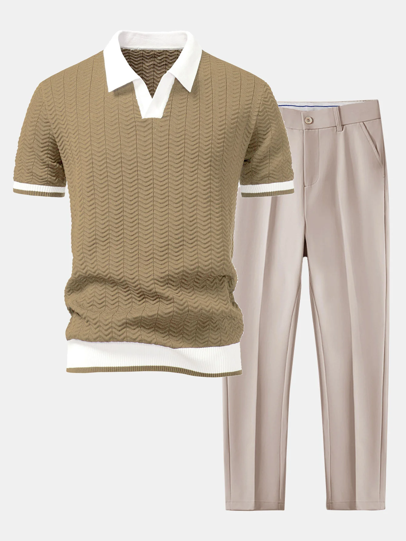 Strukturkontrast Strick V-Ausschnitt Poloshirts & Schlanke, Verjüngte Hose - Image 4